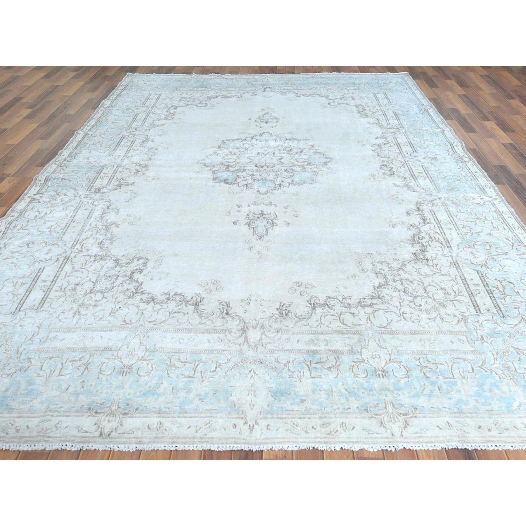 Medieval Vintage Persian Kerman, Distressed Look, Worn Wool, Sheared Low Hand Knotted Rug For Sale