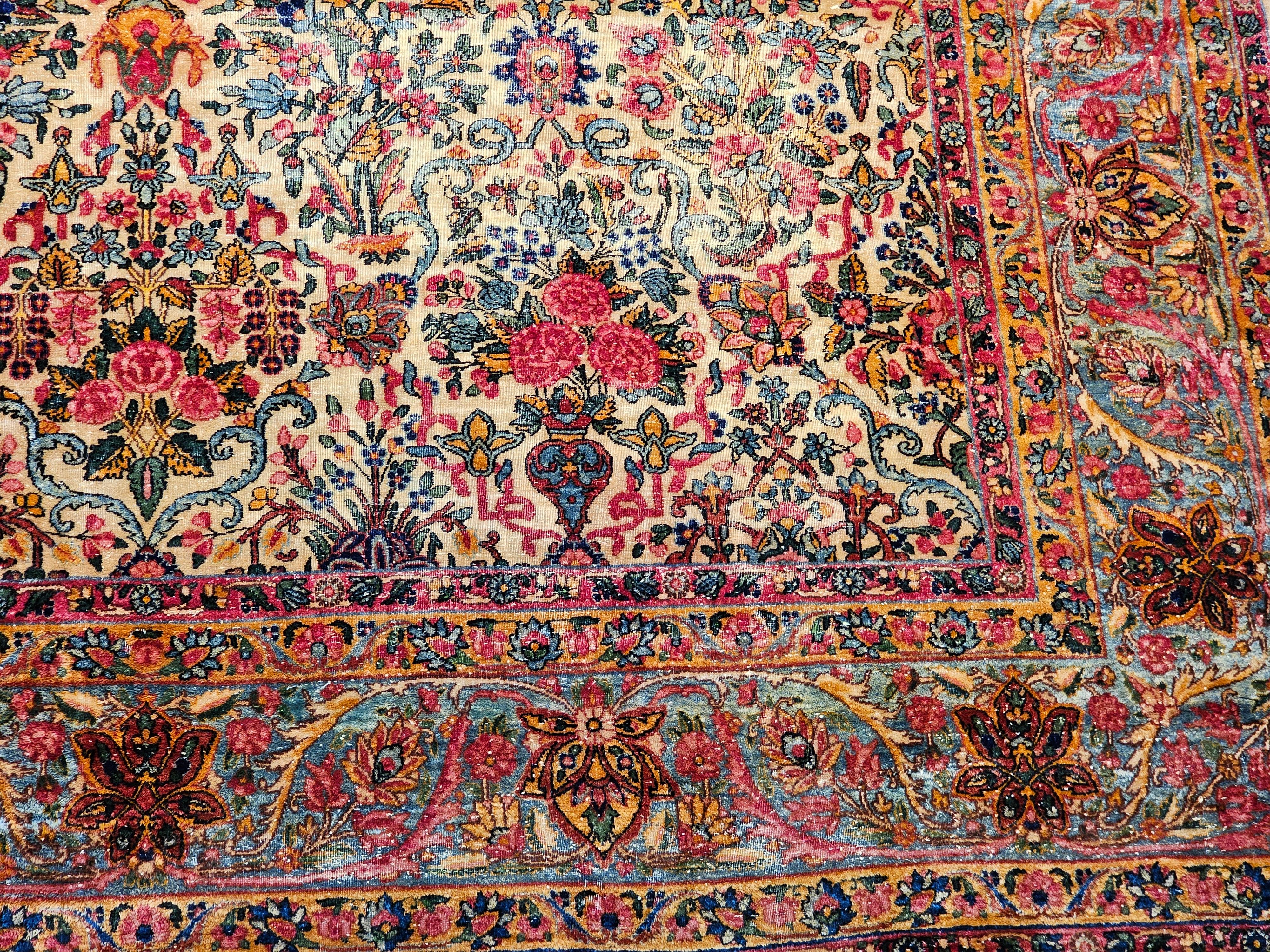 Vintage Persian Kerman in Floral Vase Pattern in Ivory, Turquoise, Yellow, Red For Sale 4