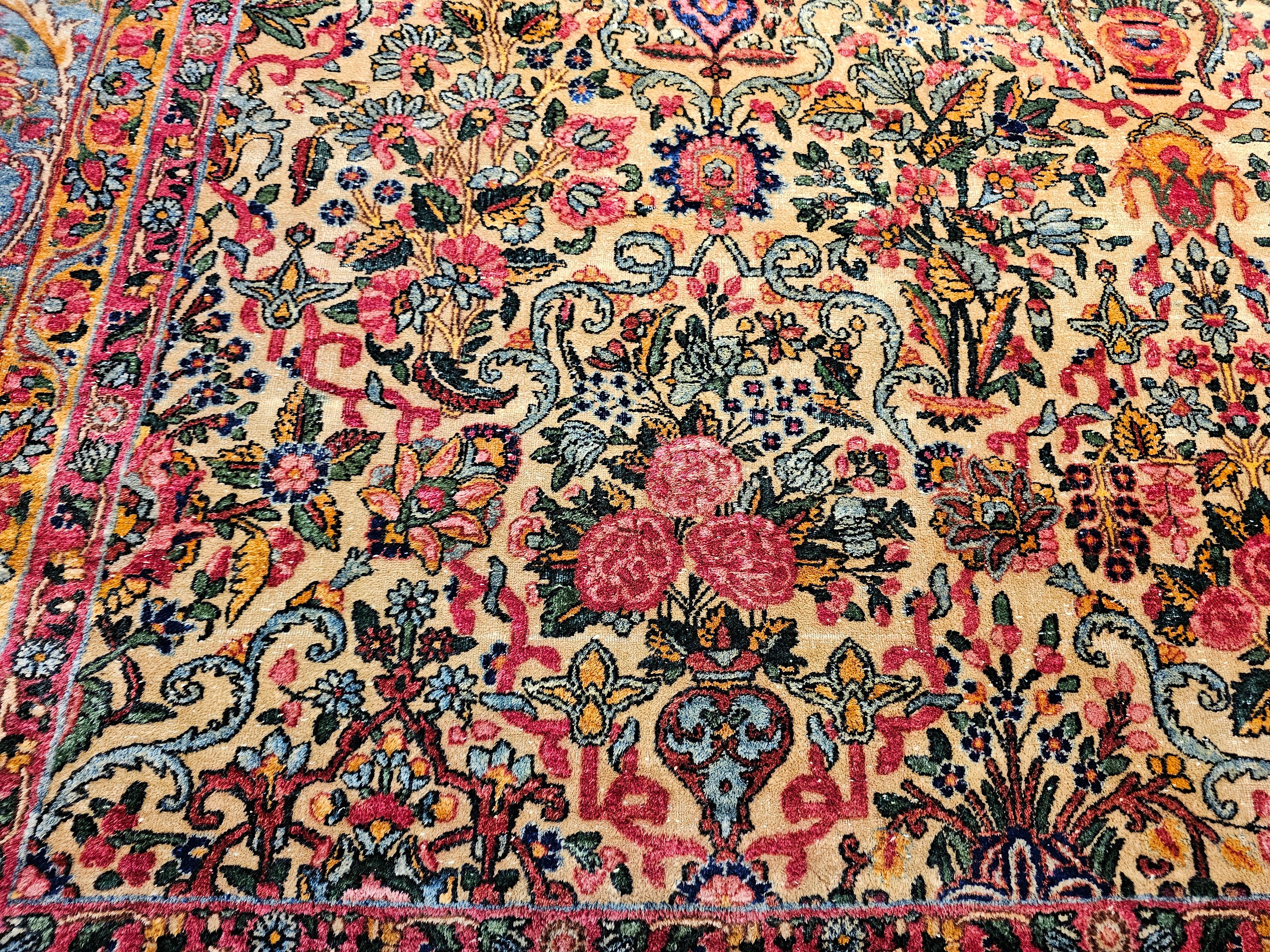 Vintage Persian Kerman in Floral Vase Pattern in Ivory, Turquoise, Yellow, Red For Sale 5