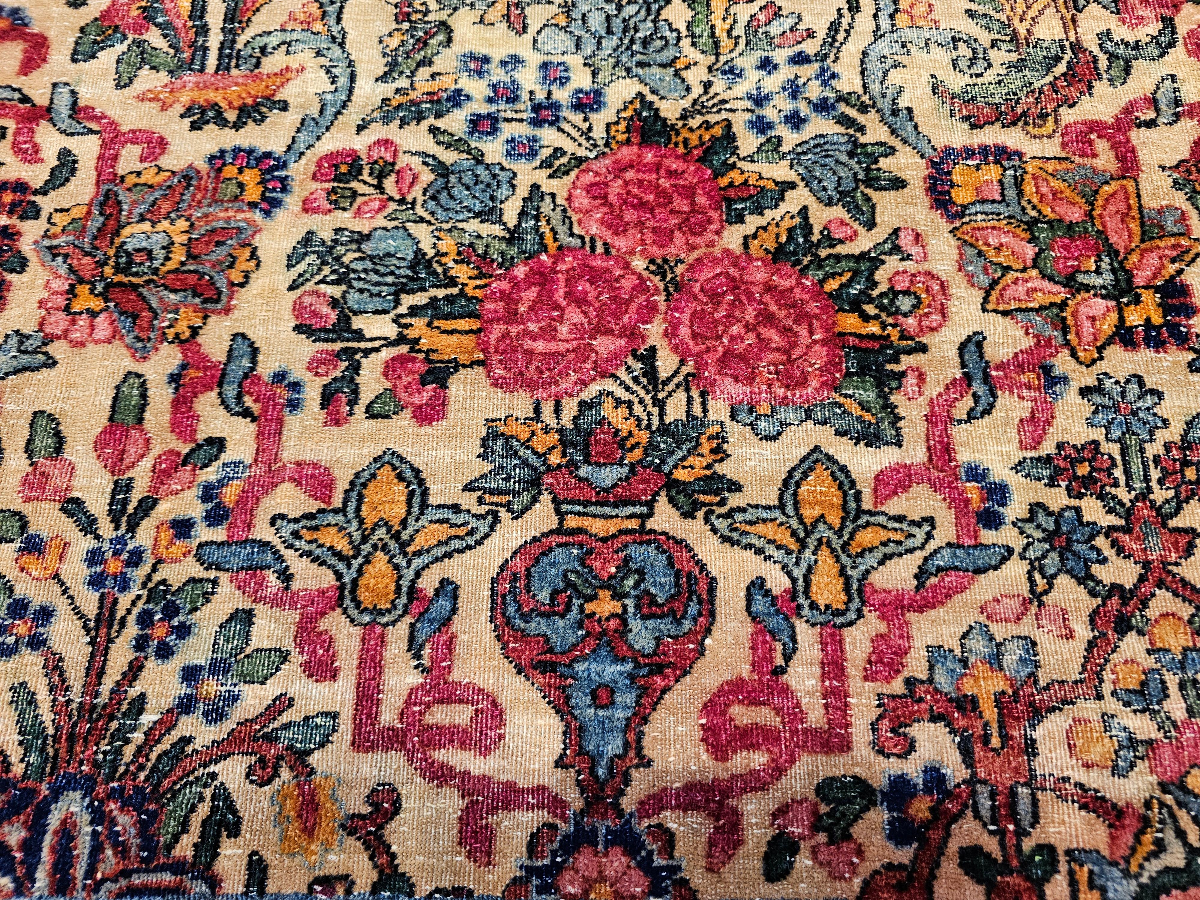 Vintage Persian Kerman in Floral Vase Pattern in Ivory, Turquoise, Yellow, Red For Sale 8