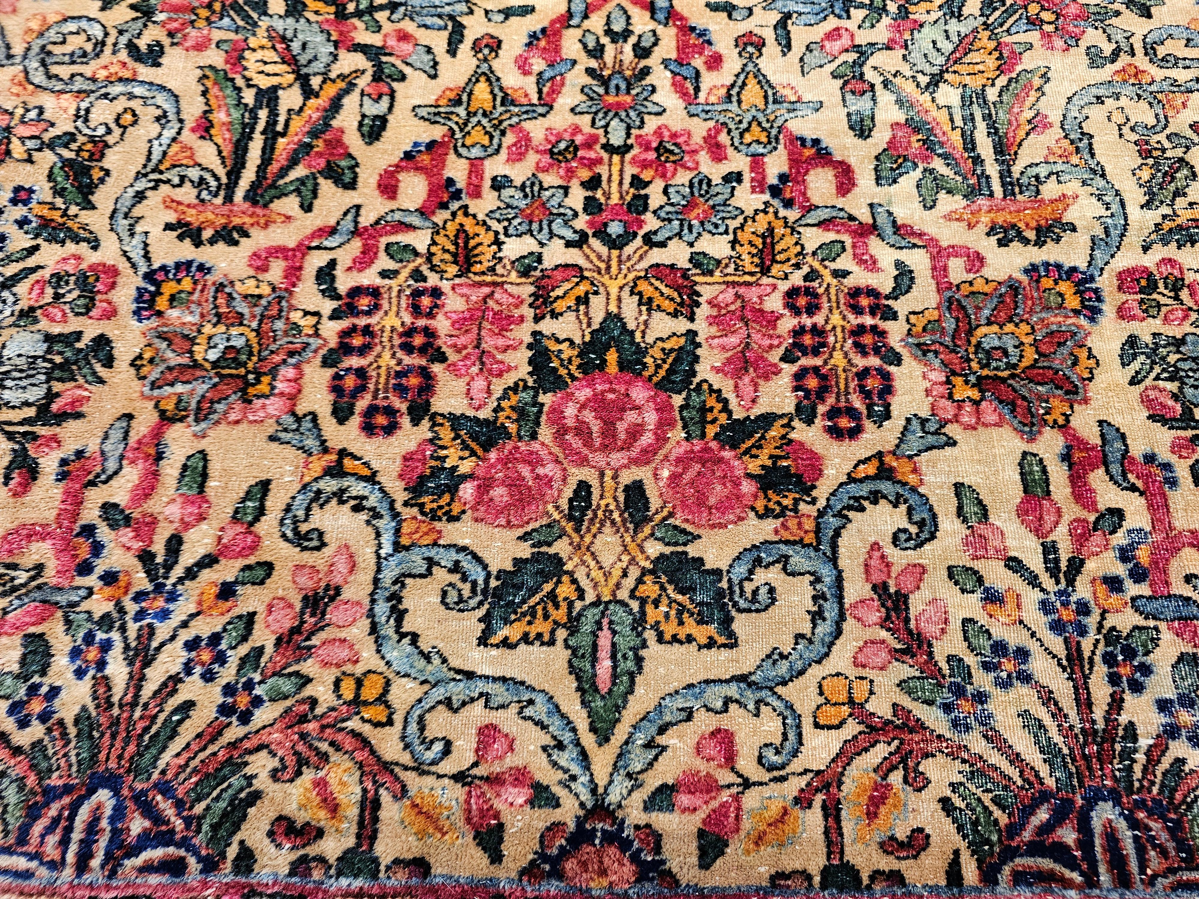 Vintage Persian Kerman in Floral Vase Pattern in Ivory, Turquoise, Yellow, Red For Sale 9