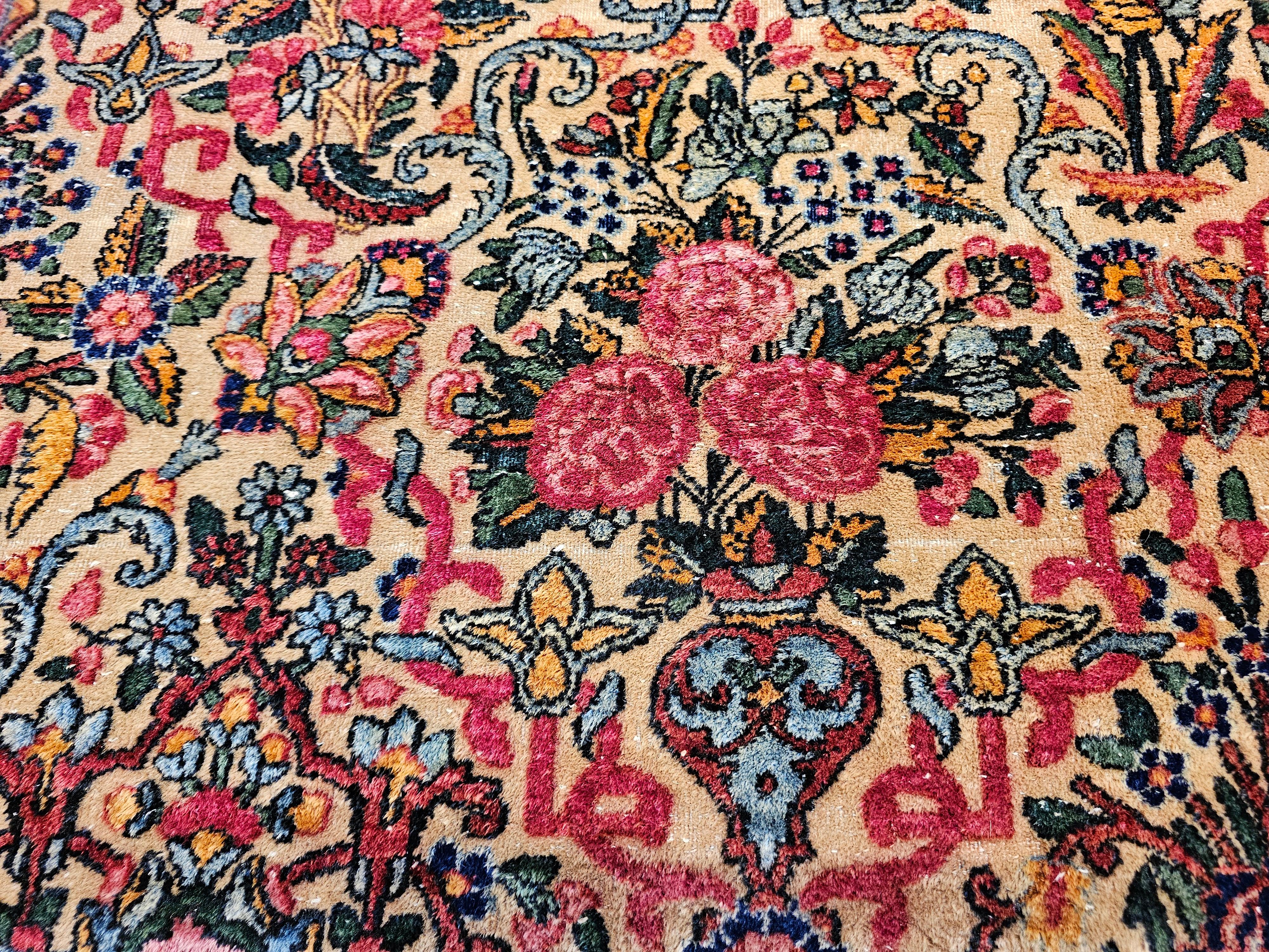 Vintage Persian Kerman in Floral Vase Pattern in Ivory, Turquoise, Yellow, Red For Sale 10
