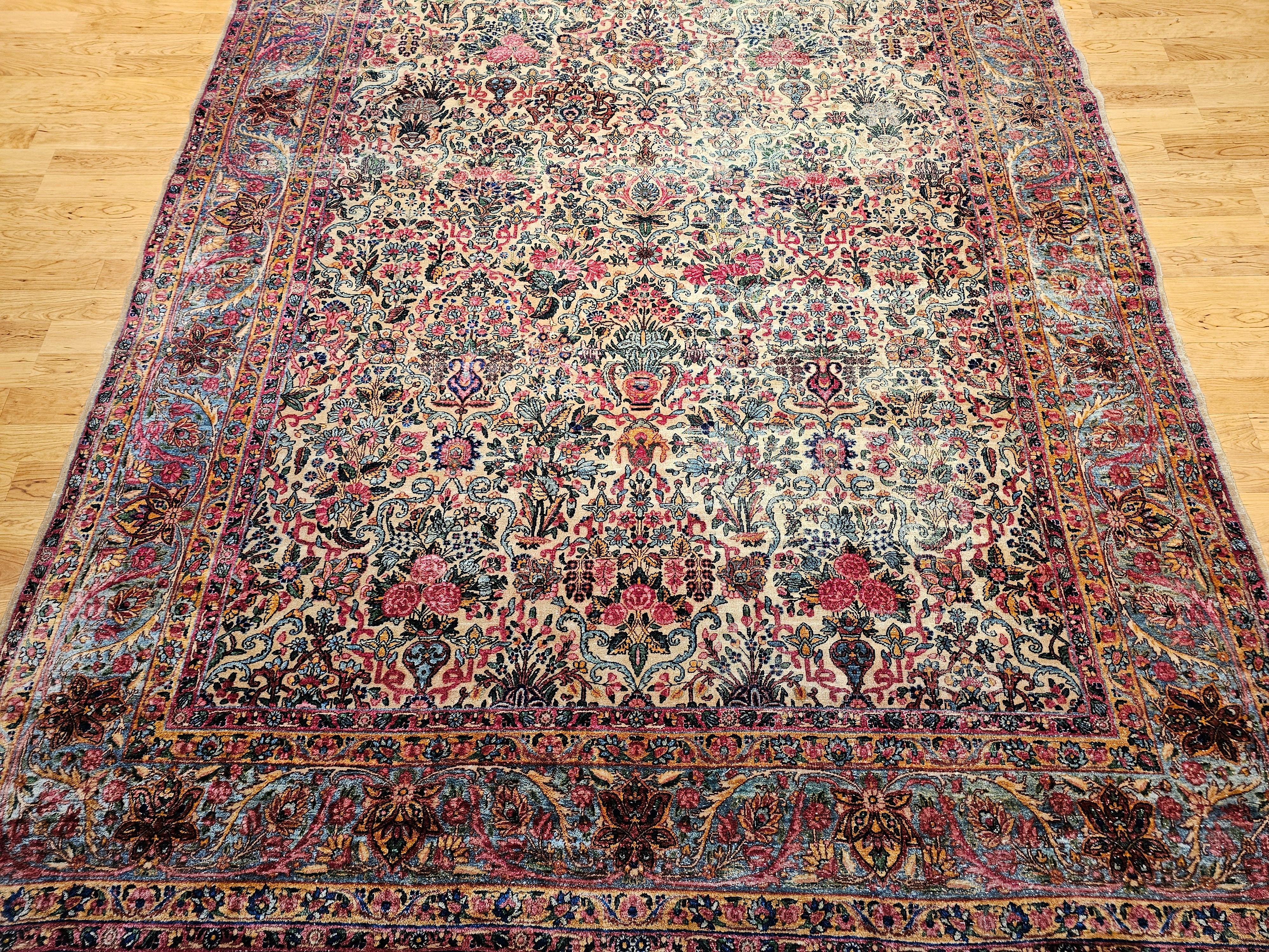 Vegetable Dyed Vintage Persian Kerman in Floral Vase Pattern in Ivory, Turquoise, Yellow, Red For Sale