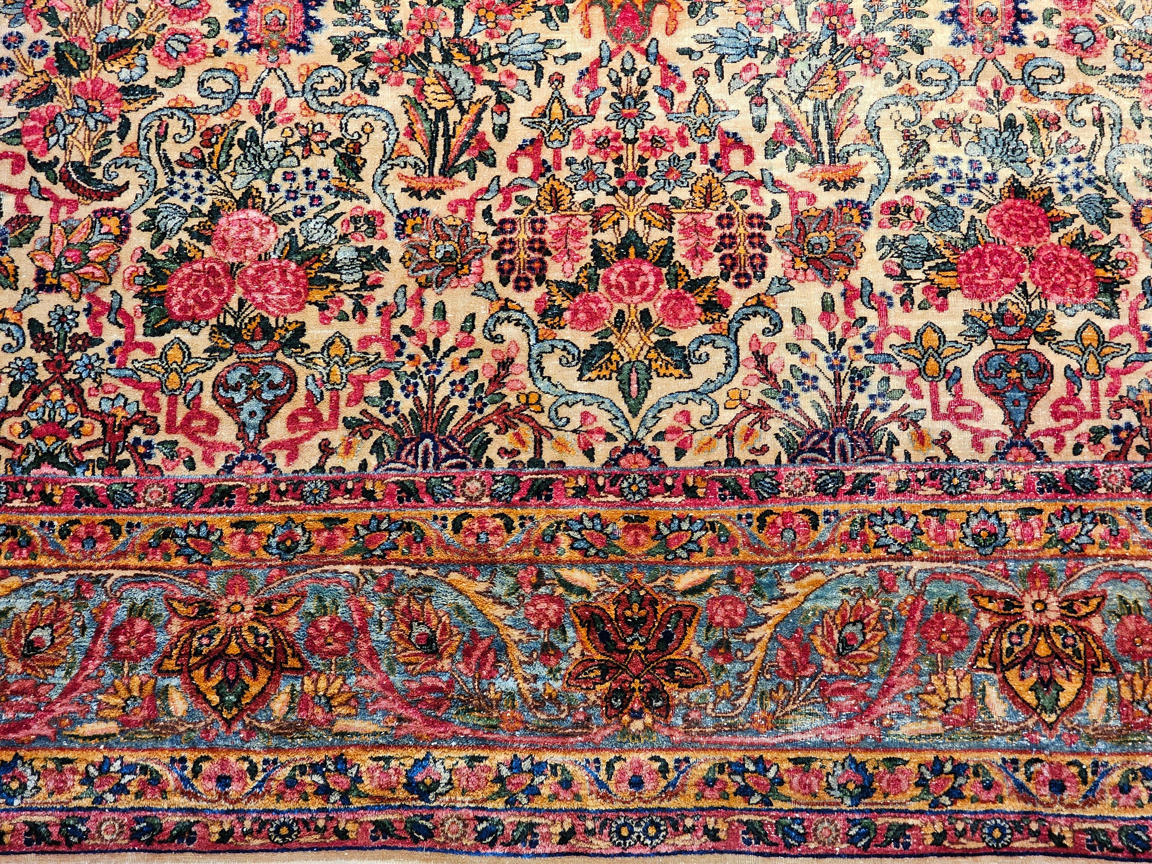 Wool Vintage Persian Kerman in Floral Vase Pattern in Ivory, Turquoise, Yellow, Red For Sale