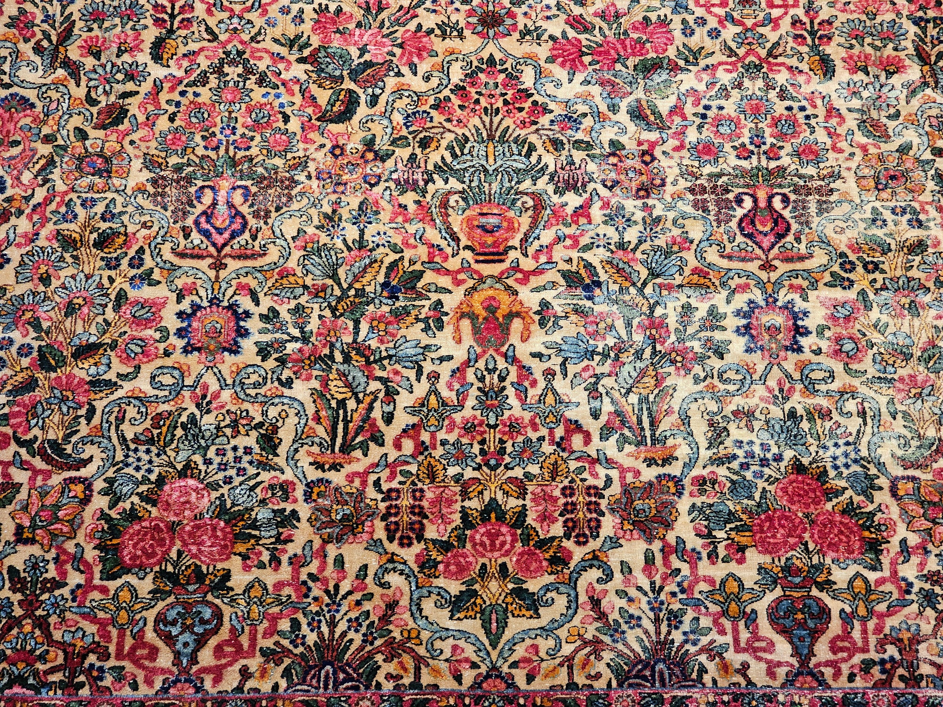 Vintage Persian Kerman in Floral Vase Pattern in Ivory, Turquoise, Yellow, Red For Sale 1