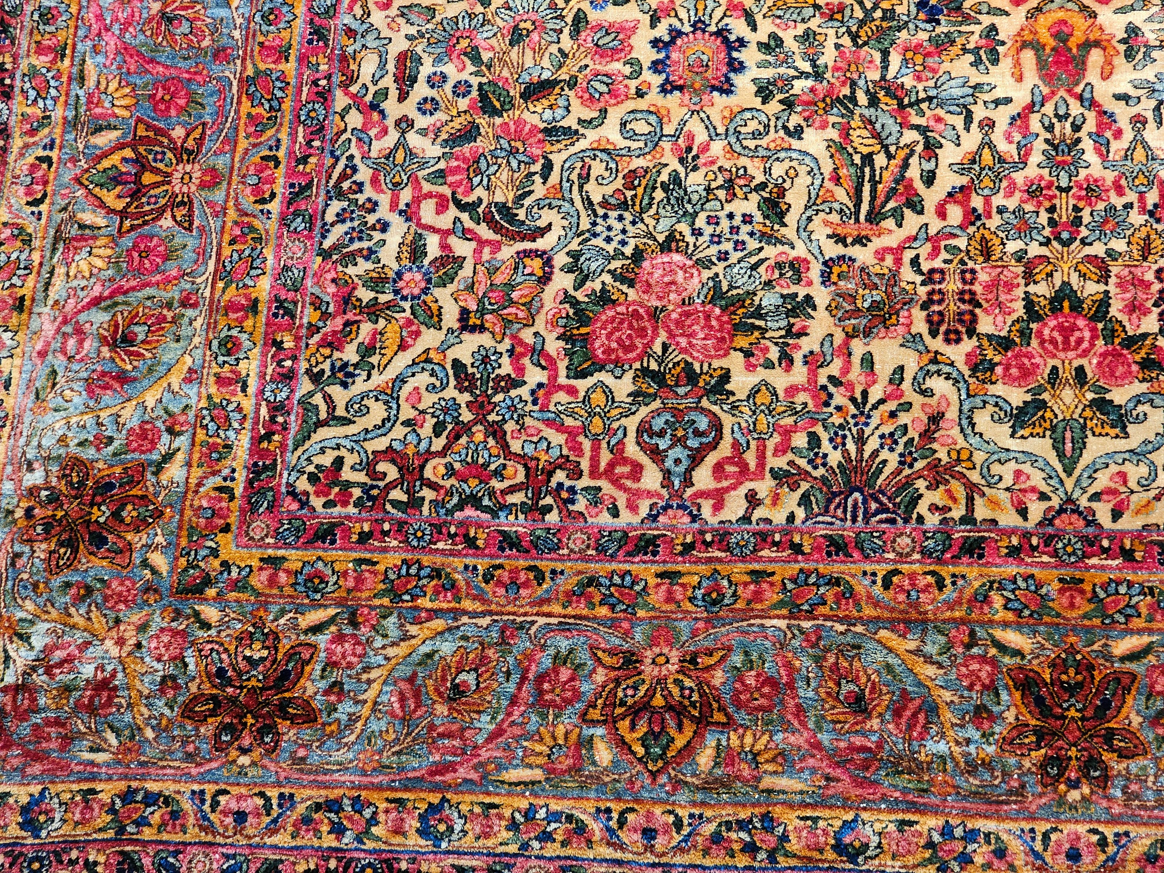 Vintage Persian Kerman in Floral Vase Pattern in Ivory, Turquoise, Yellow, Red For Sale 2