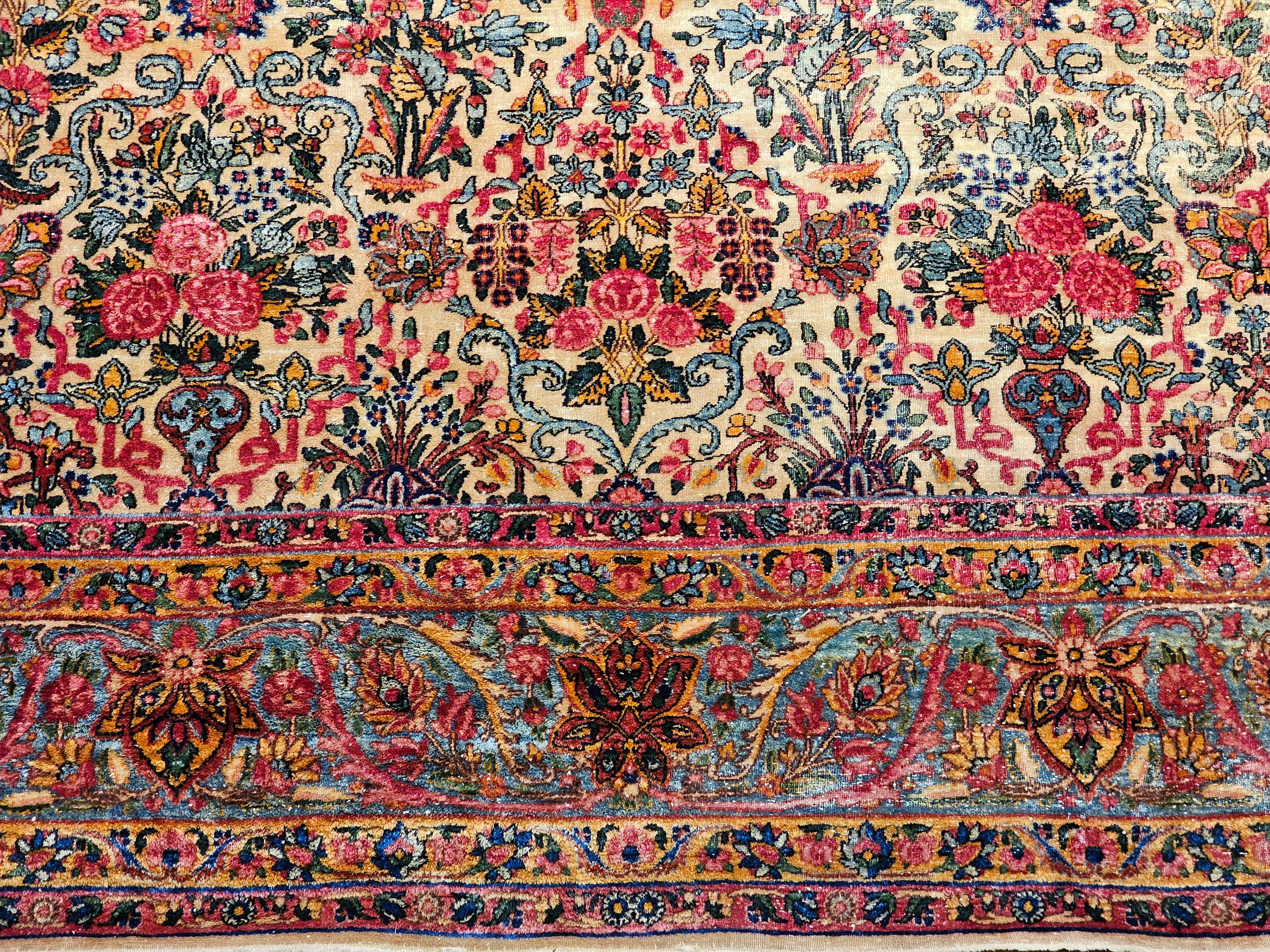 Vintage Persian Kerman in Floral Vase Pattern in Ivory, Turquoise, Yellow, Red For Sale 3