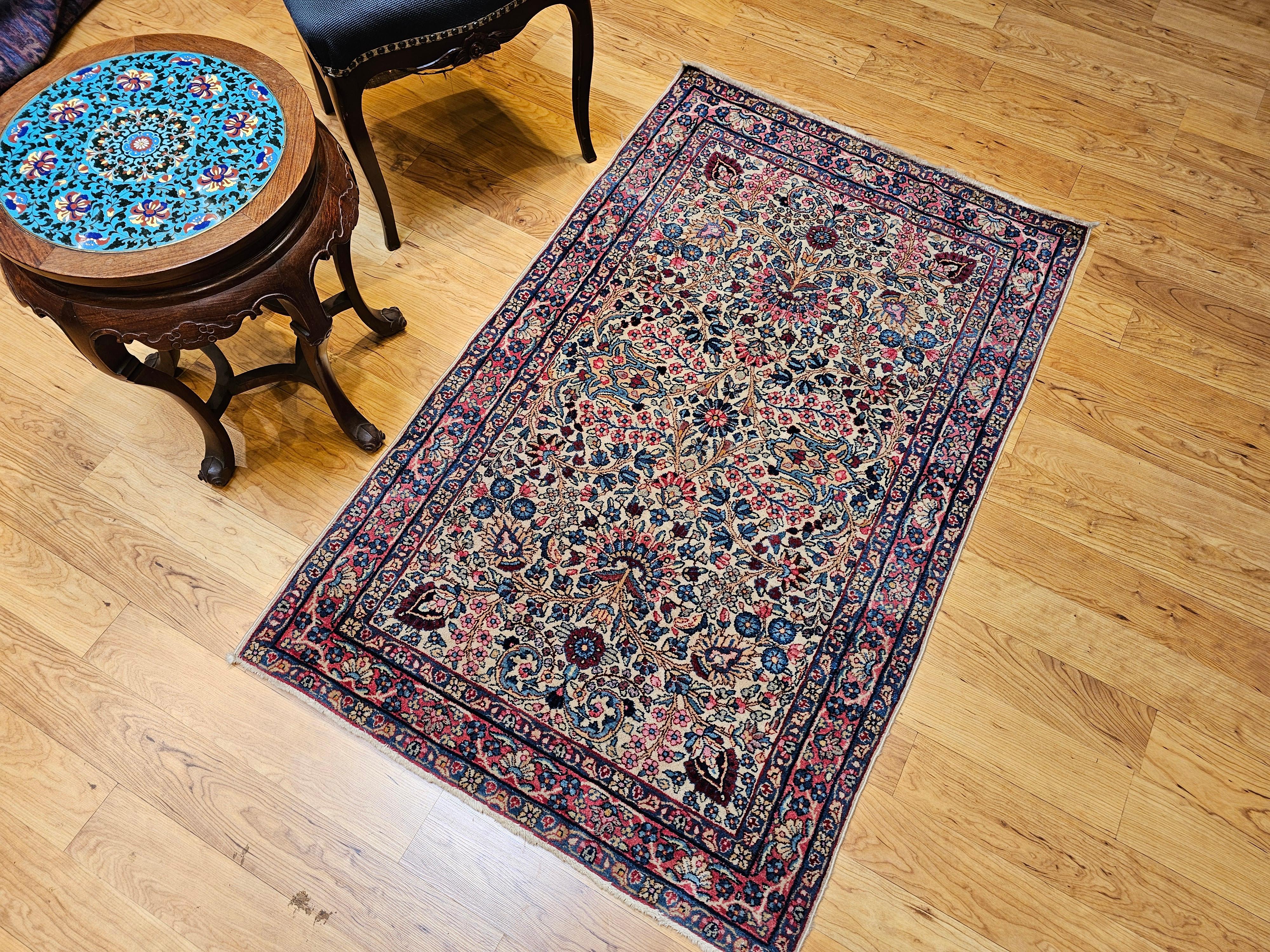 Vintage Persian Kerman Lavar Area Rug in Ivory, Blue, Pink, Red, Yellow For Sale 5