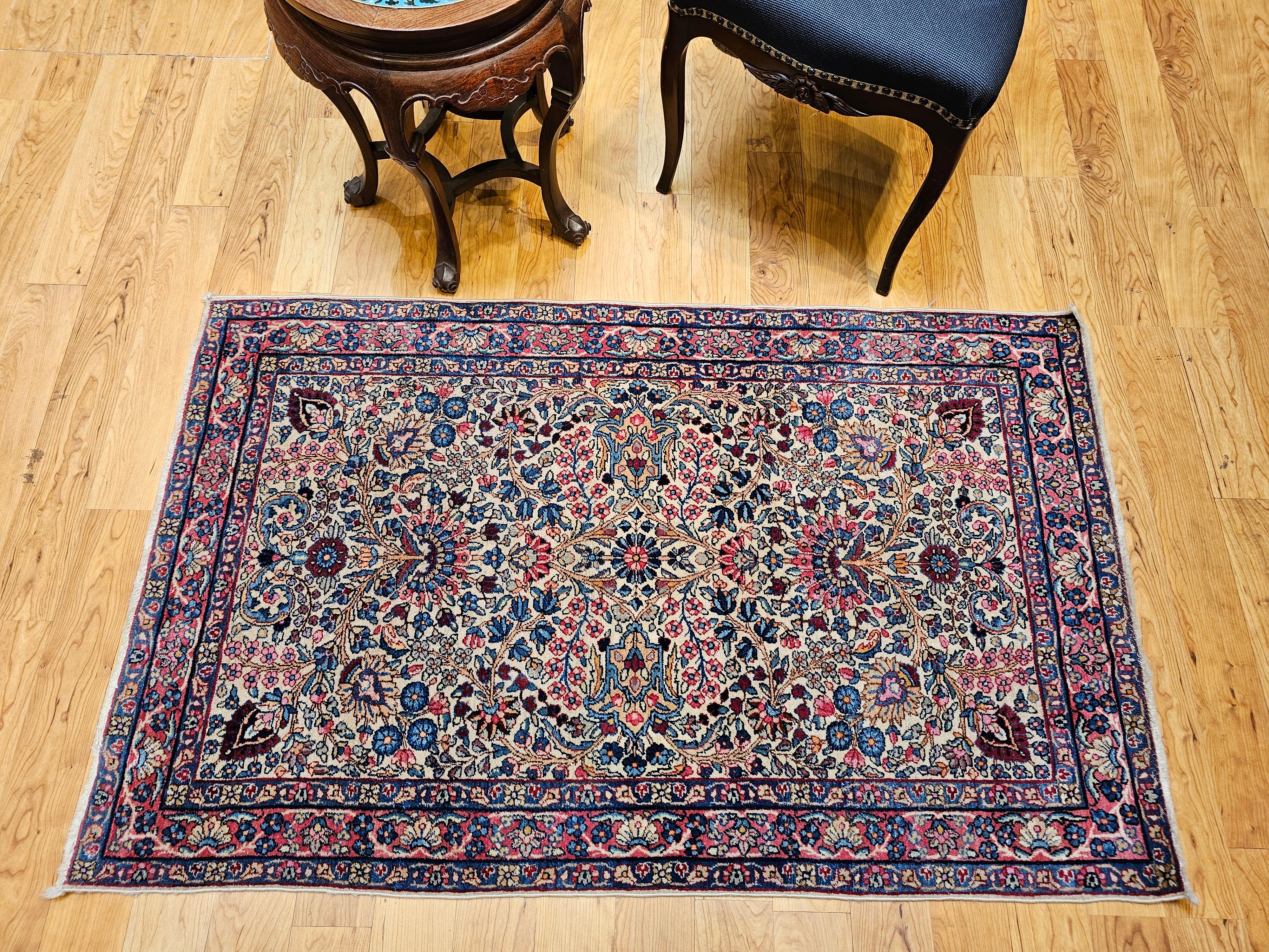 Vintage Persian Kerman Lavar Area Rug in Ivory, Blue, Pink, Red, Yellow For Sale 6