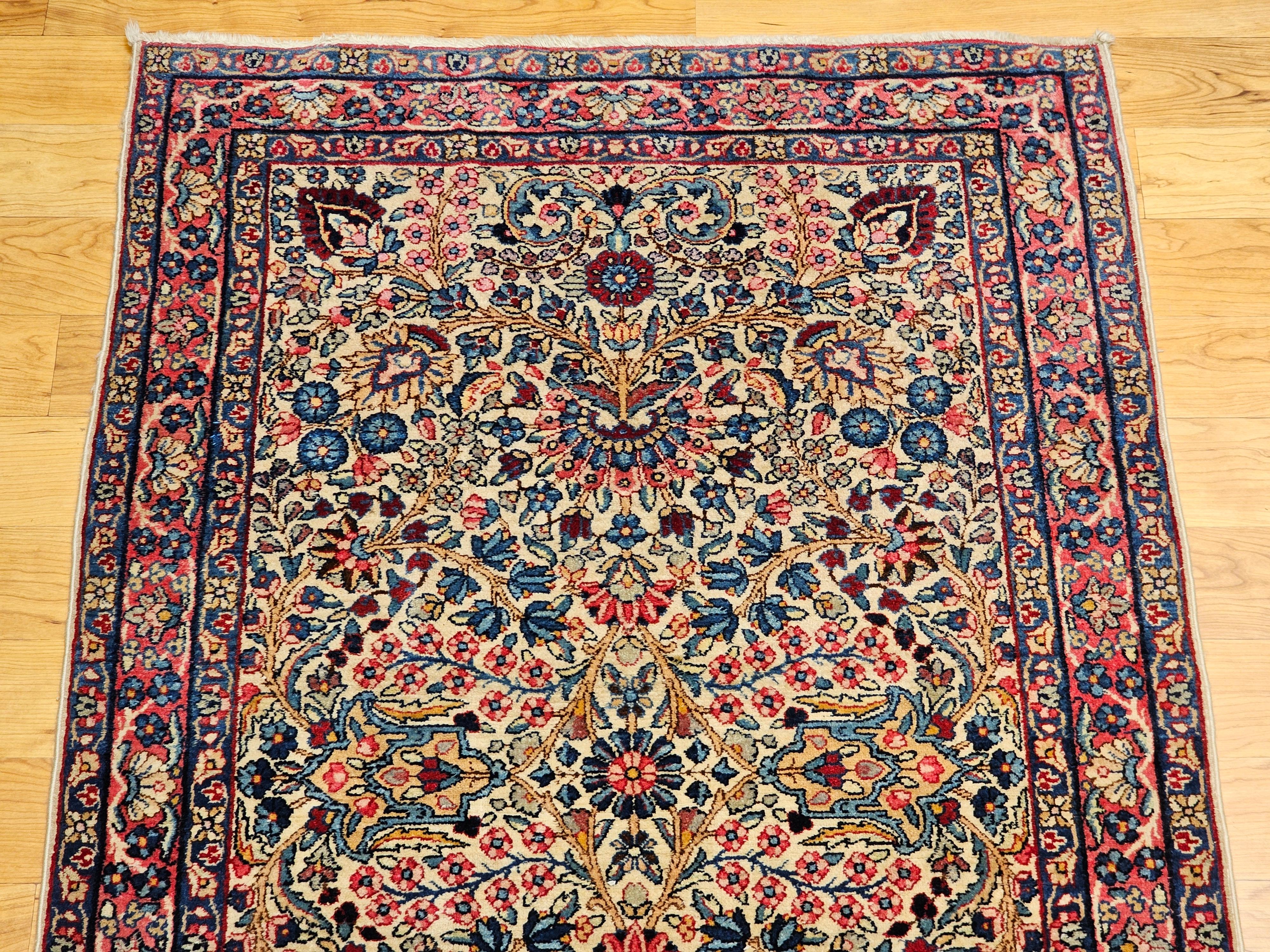 20th Century Vintage Persian Kerman Lavar Area Rug in Ivory, Blue, Pink, Red, Yellow For Sale