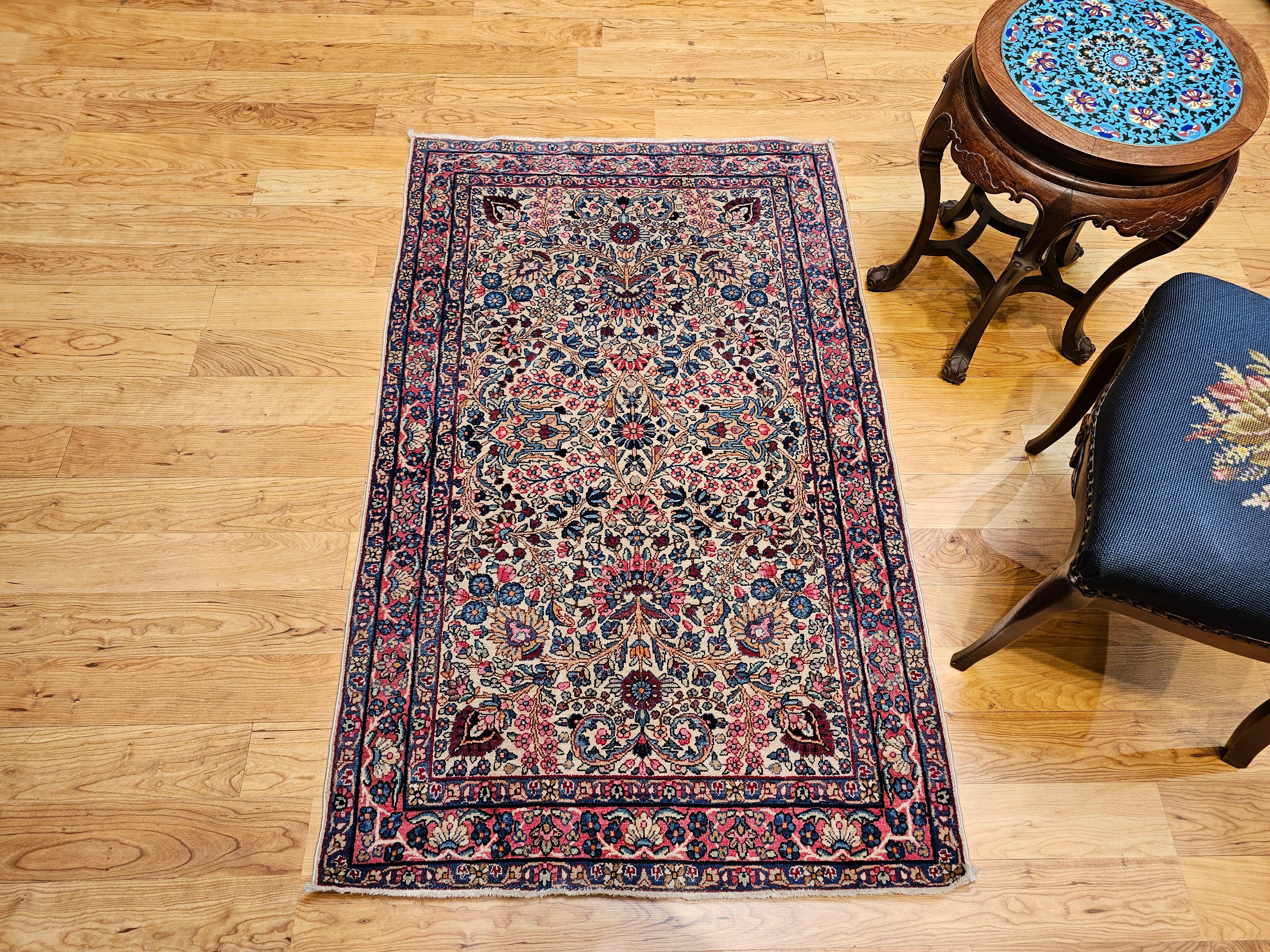 Vintage Persian Kerman Lavar Area Rug in Ivory, Blue, Pink, Red, Yellow For Sale 1