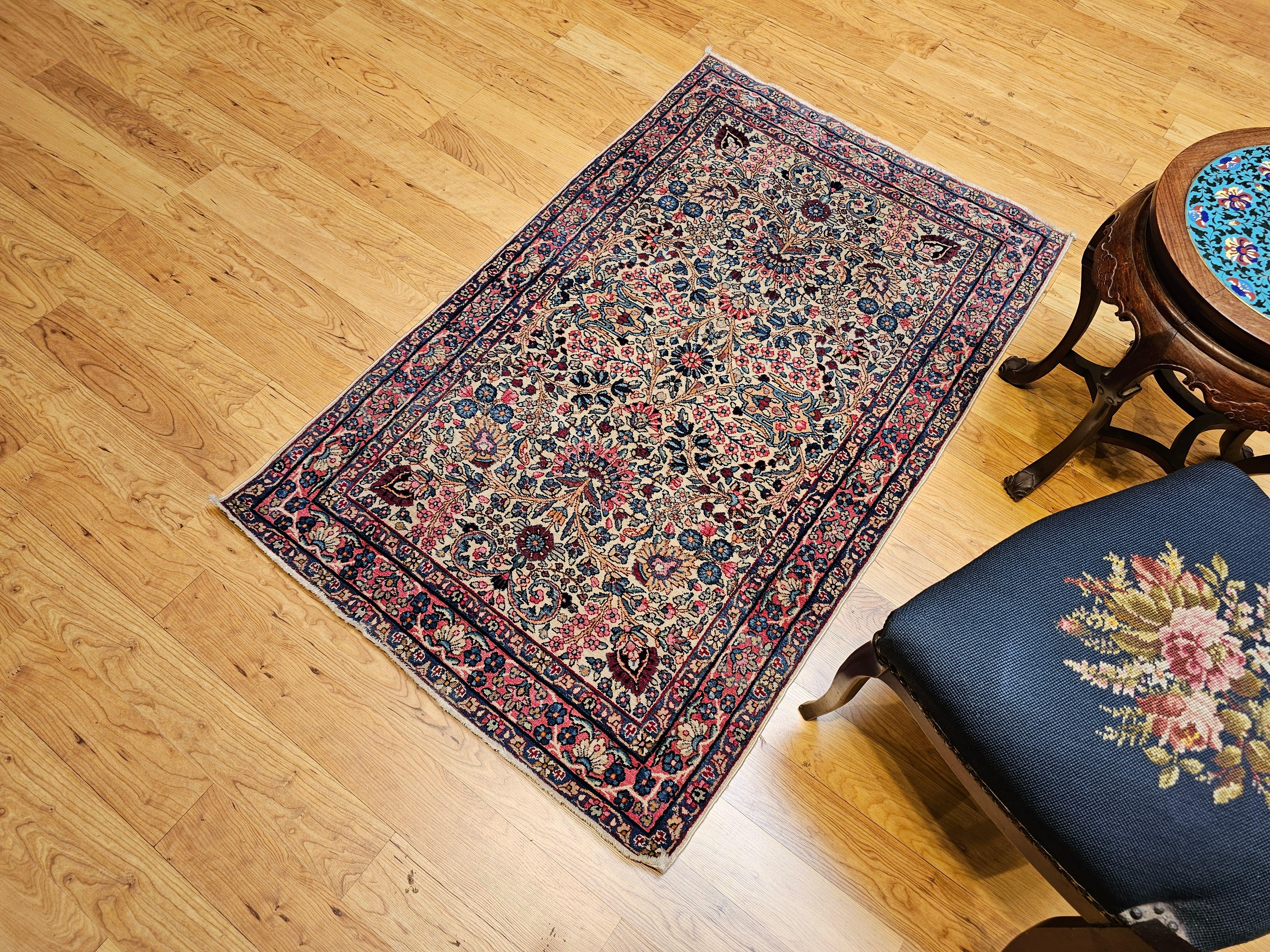 Vintage Persian Kerman Lavar Area Rug in Ivory, Blue, Pink, Red, Yellow For Sale 2