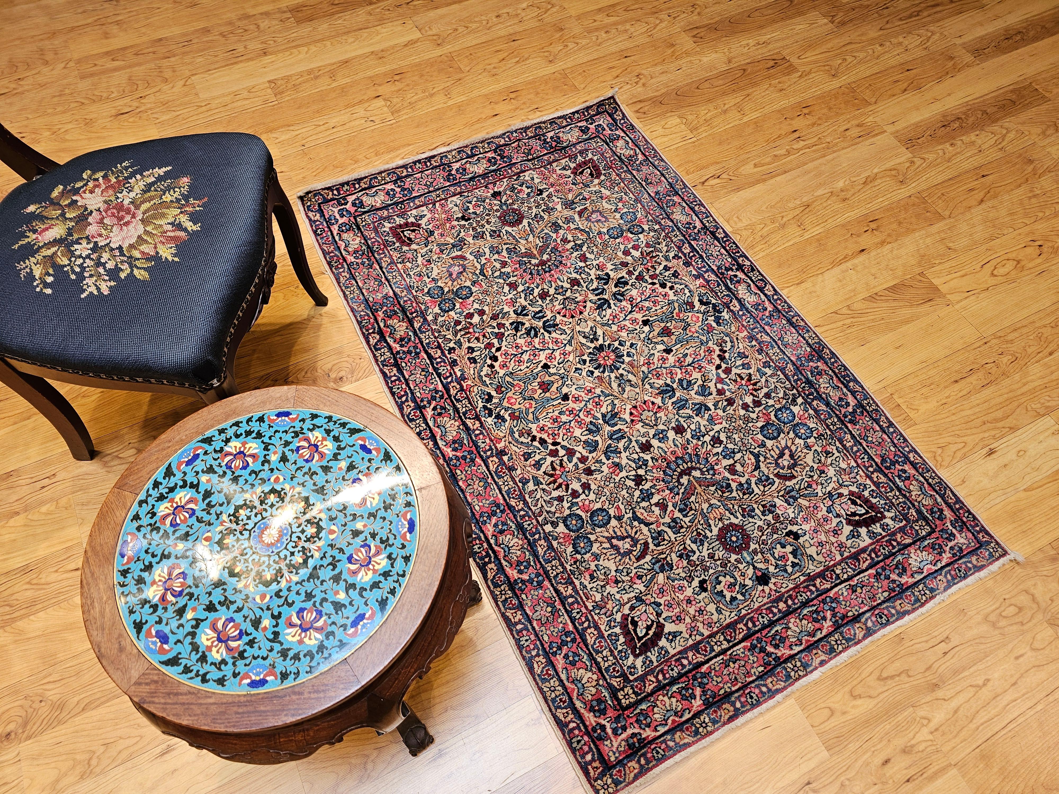 Vintage Persian Kerman Lavar Area Rug in Ivory, Blue, Pink, Red, Yellow For Sale 3