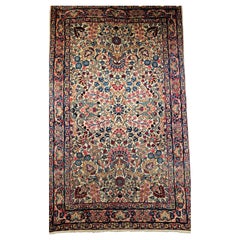 Vintage Persian Kerman Lavar Area Rug in Ivory, Blue, Pink, Red, Yellow