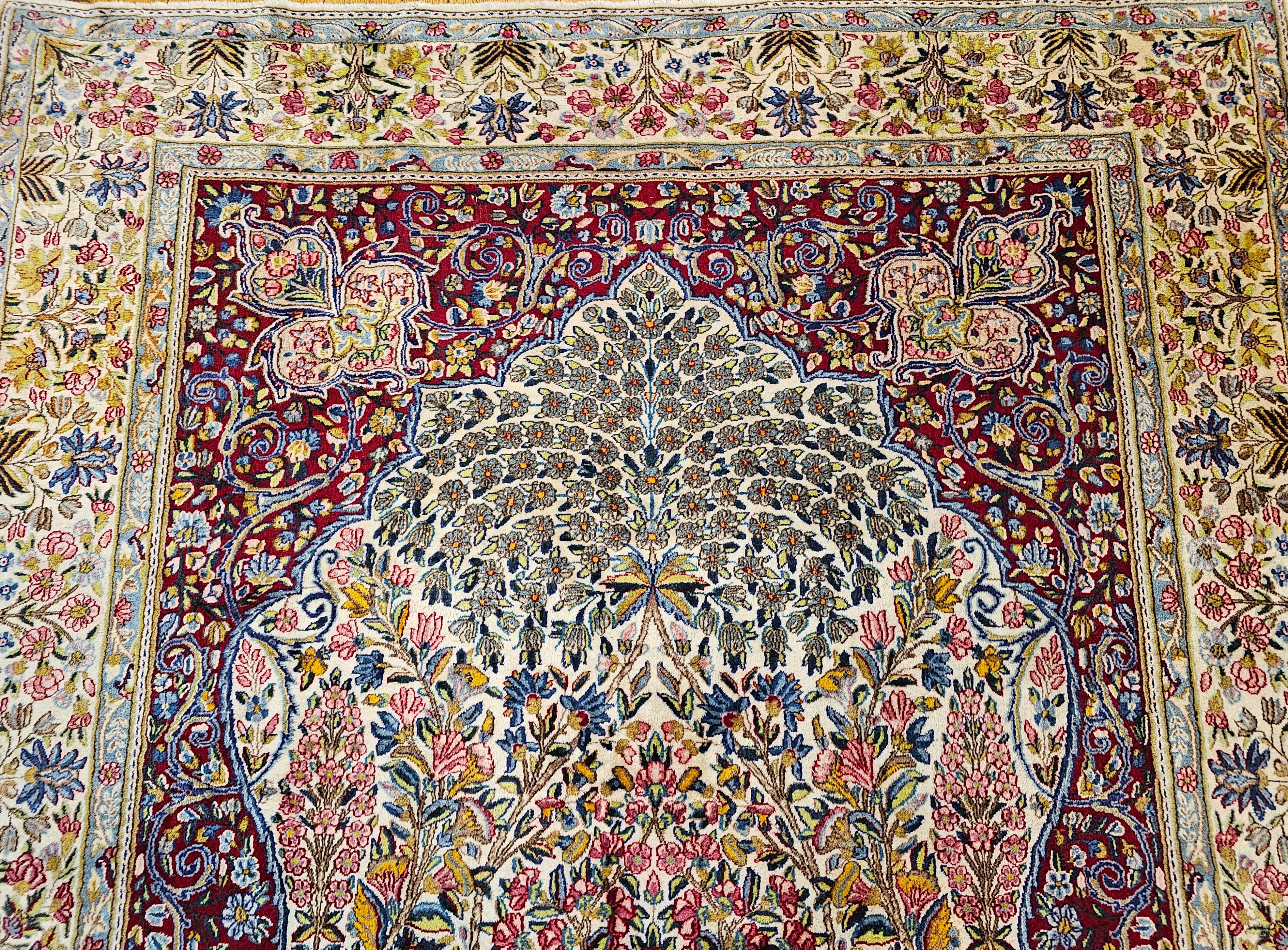 Hand-Woven Vintage  Persian Kerman Lavar in a Tree of Life Pattern in Ivory, Red, Green For Sale