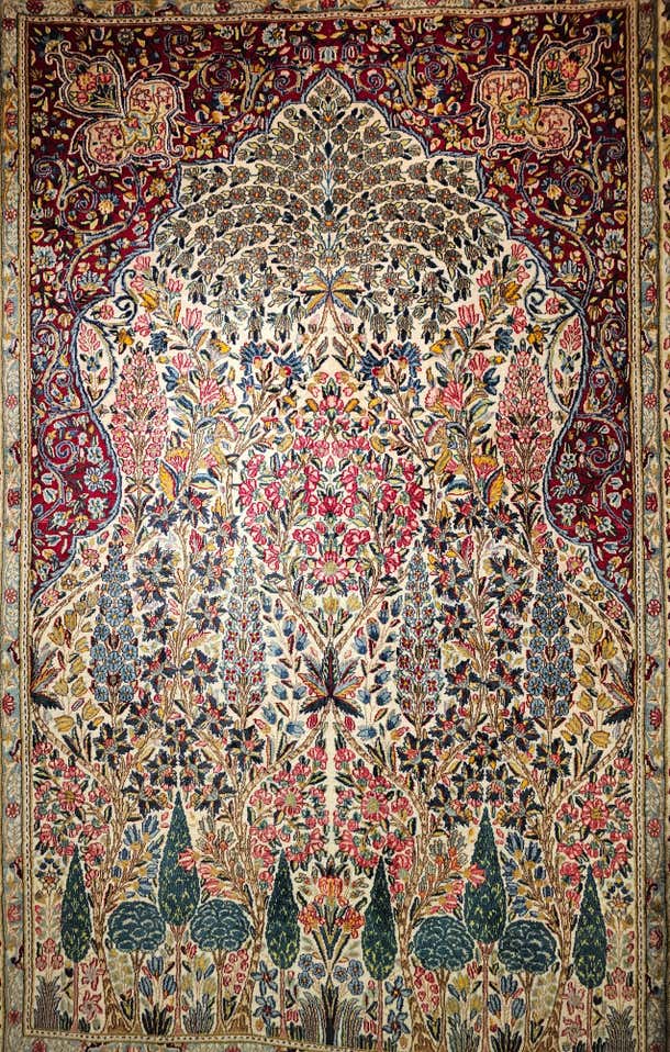 Vintage Persian Kerman Lavar in a Tree of Life Pattern in Ivory, Red ...