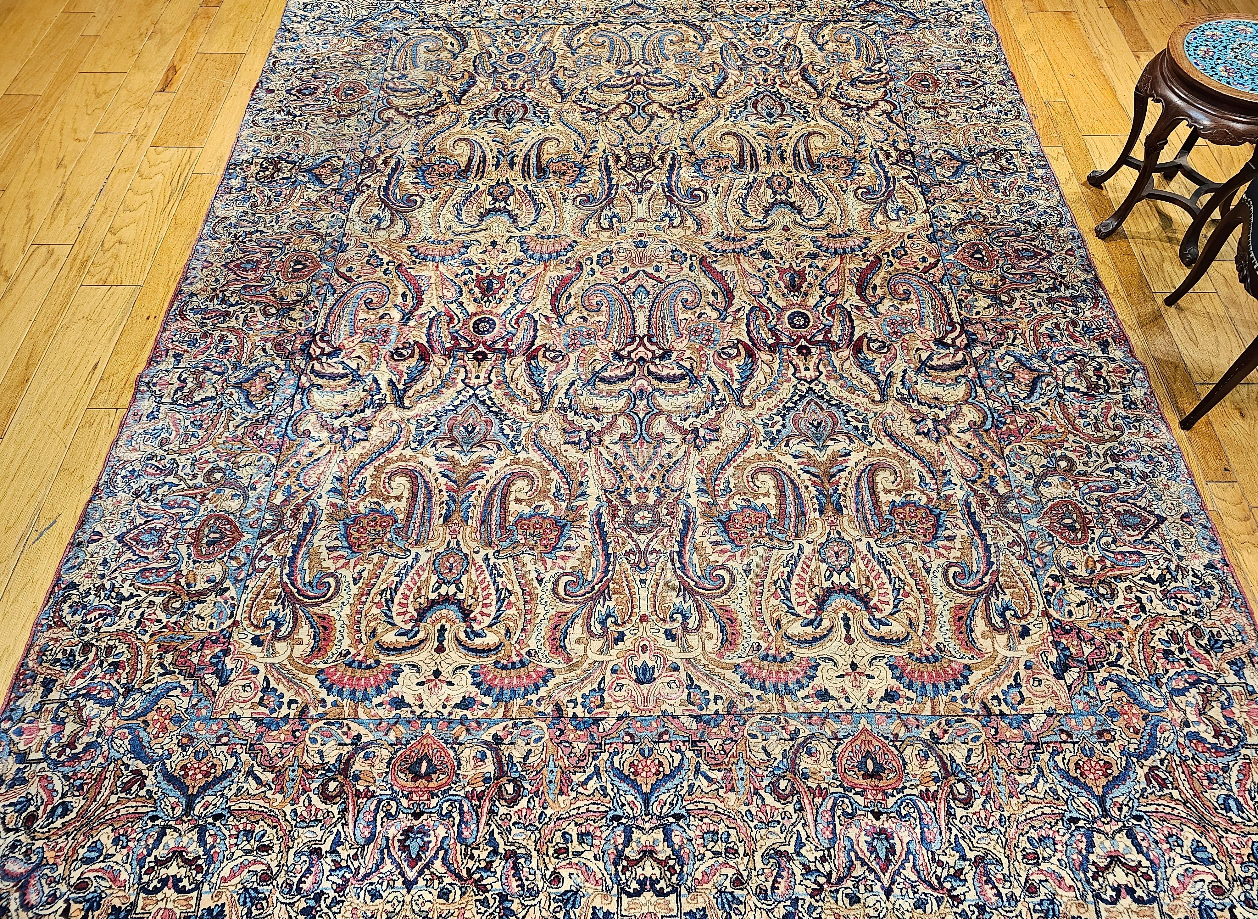Vintage Persian Kerman Lavar in All-Over Paisley Pattern in Ivory, Blue, Red For Sale 4