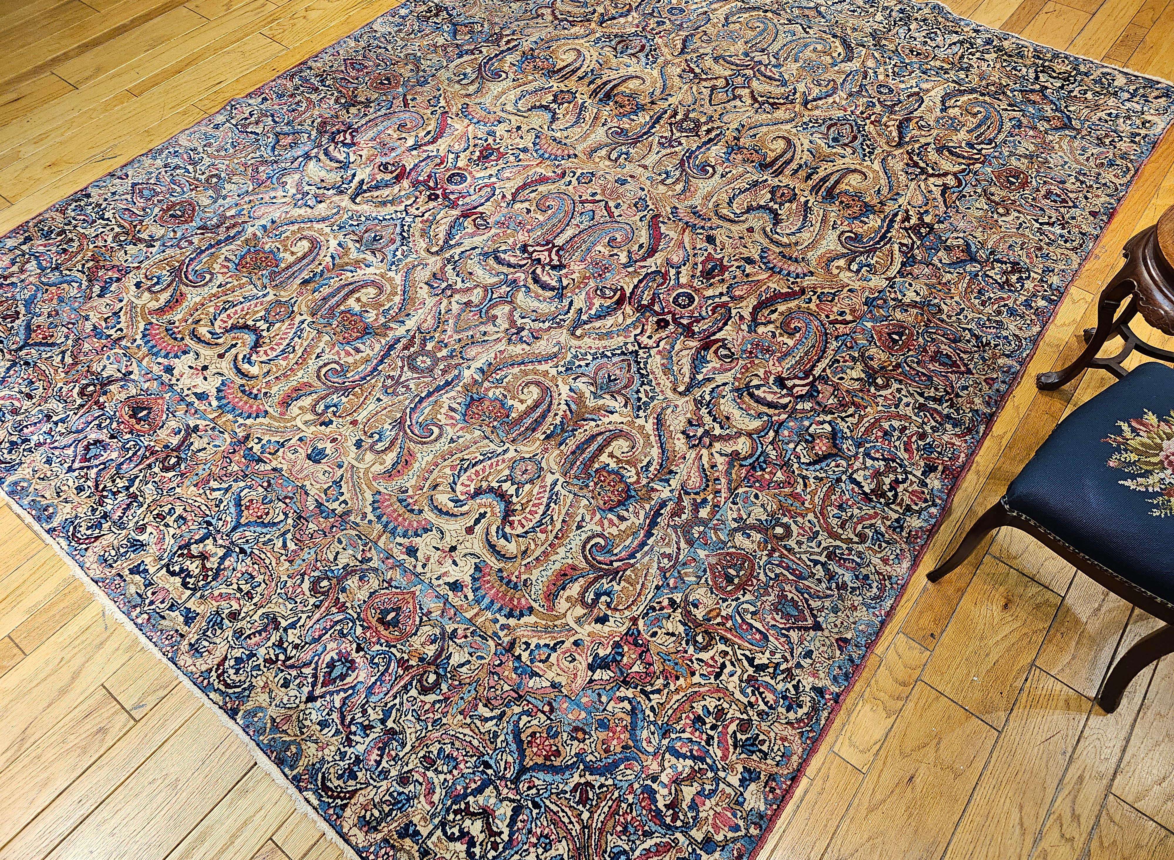 Vintage Persian Kerman Lavar in All-Over Paisley Pattern in Ivory, Blue, Red For Sale 5
