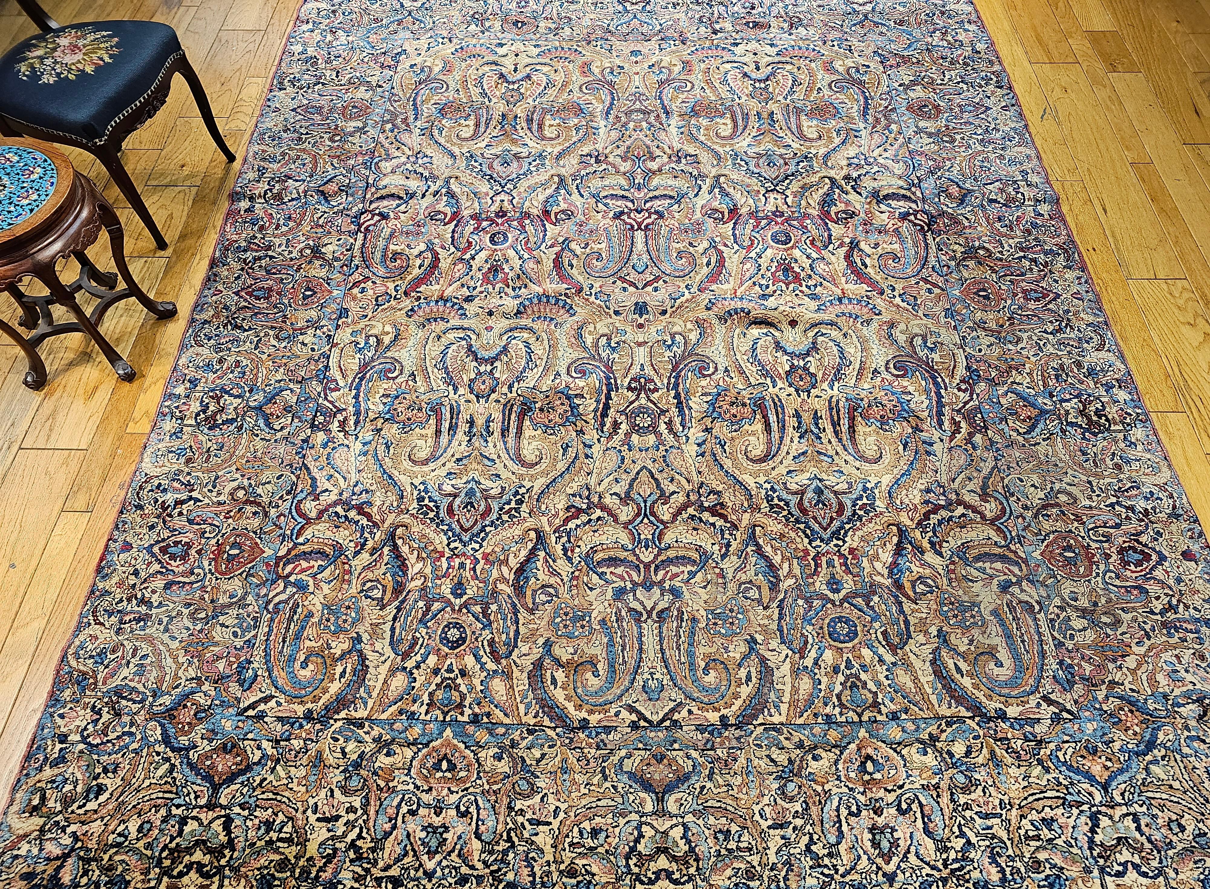 Vintage Persian Kerman Lavar in All-Over Paisley Pattern in Ivory, Blue, Red For Sale 7