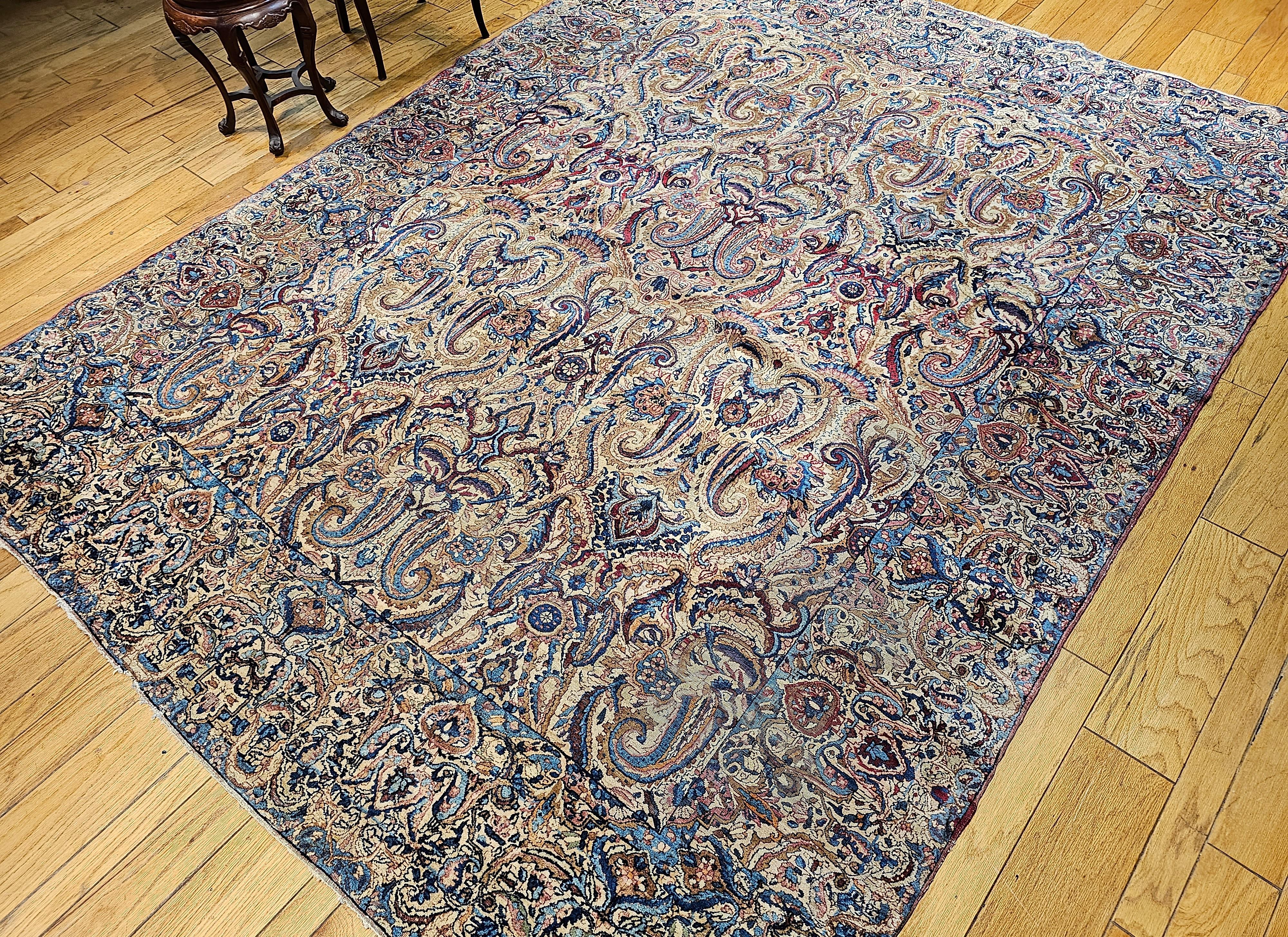 Vintage Persian Kerman Lavar in All-Over Paisley Pattern in Ivory, Blue, Red For Sale 8