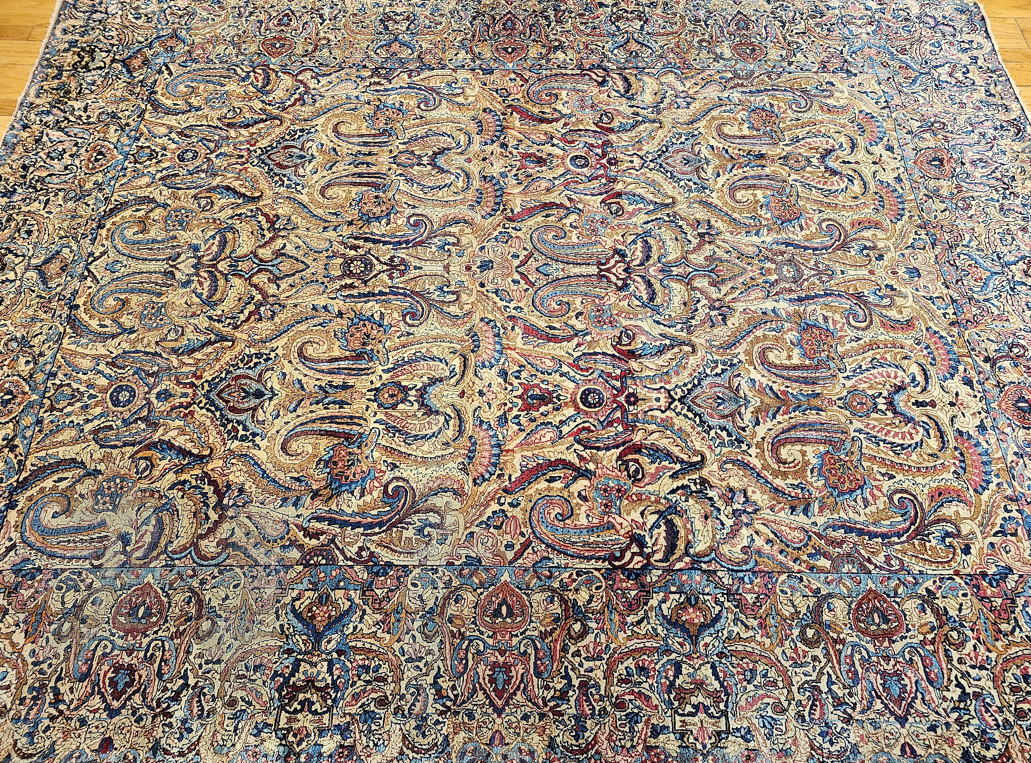 Vintage Persian Kerman Lavar in All-Over Paisley Pattern in Ivory, Blue, Red For Sale 9