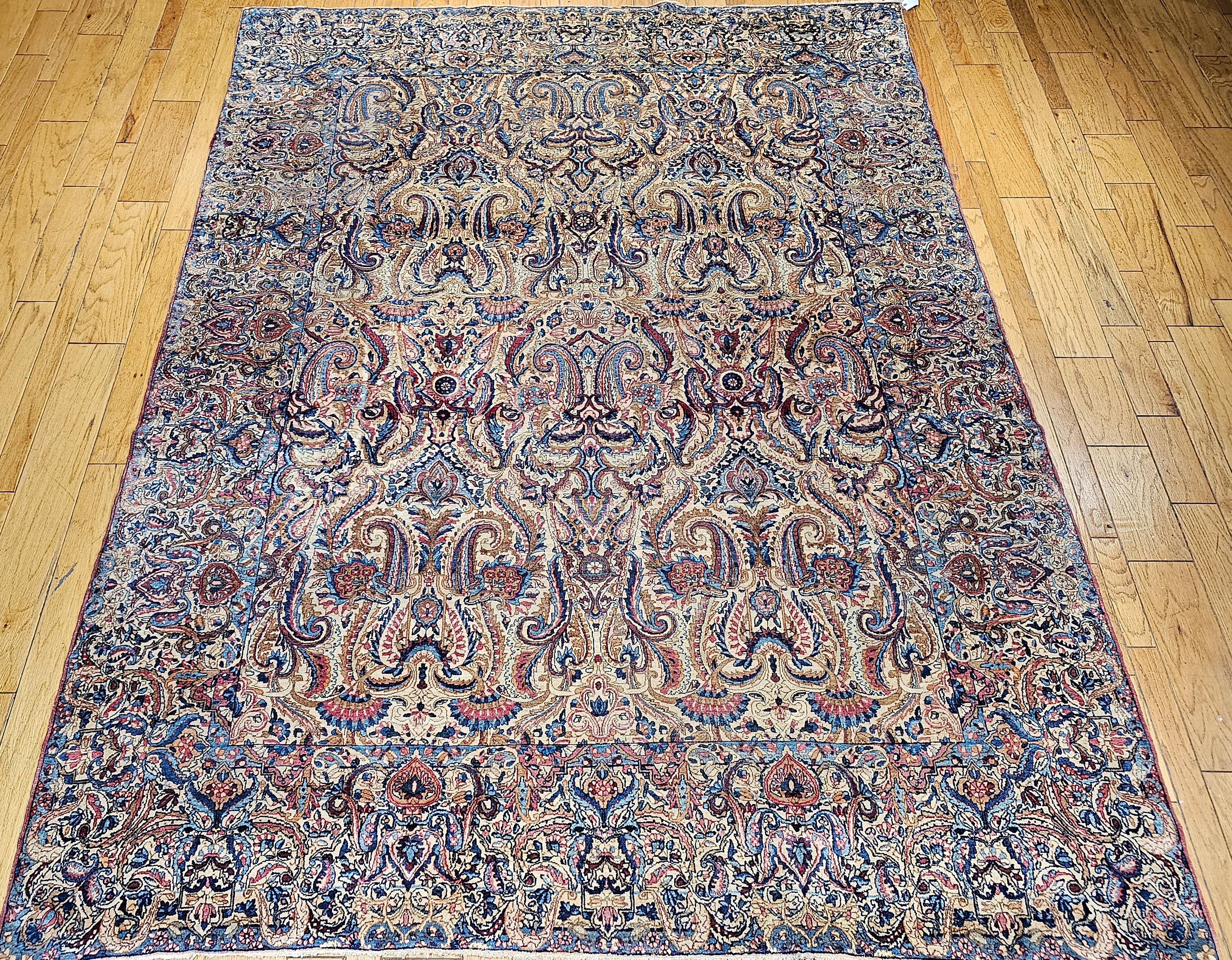 Vintage Persian Kerman Lavar in All-Over Paisley Pattern in Ivory, Blue, Red For Sale 10
