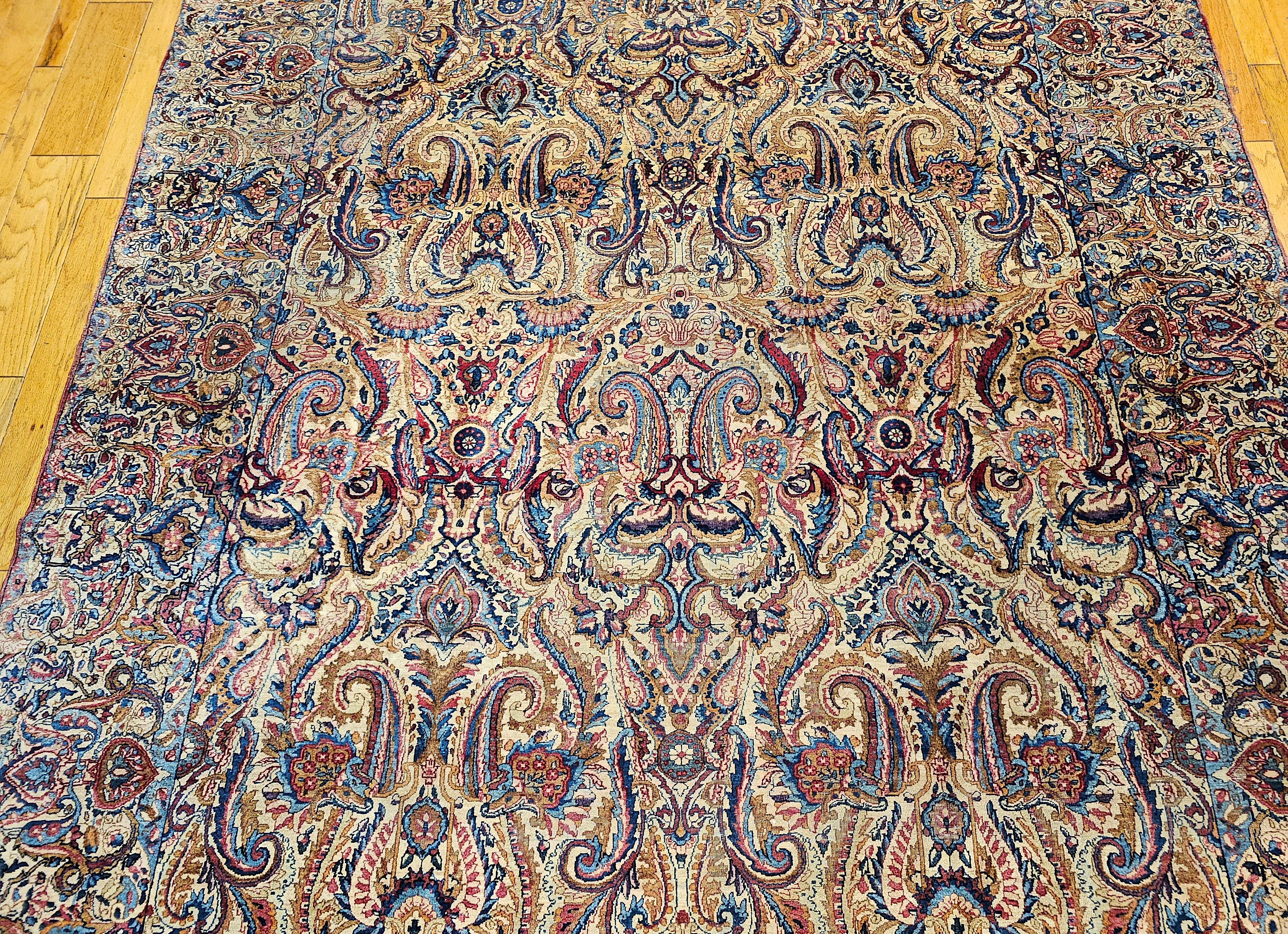 Vintage Persian Kerman Lavar in All-Over Paisley Pattern in Ivory, Blue, Red In Good Condition For Sale In Barrington, IL