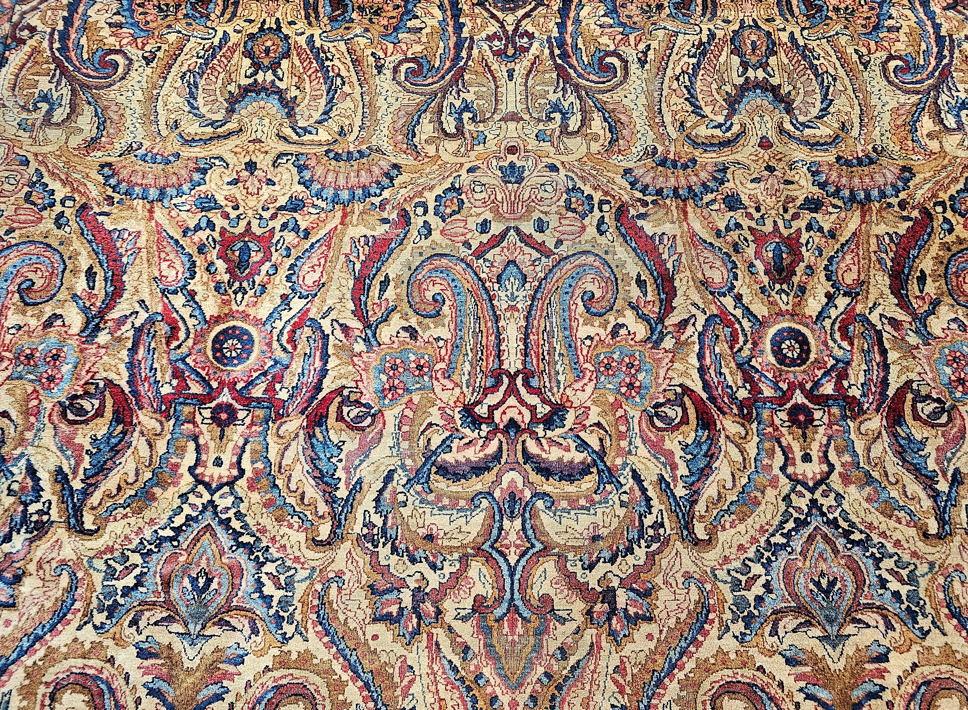 Vintage Persian Kerman Lavar in All-Over Paisley Pattern in Ivory, Blue, Red For Sale 1