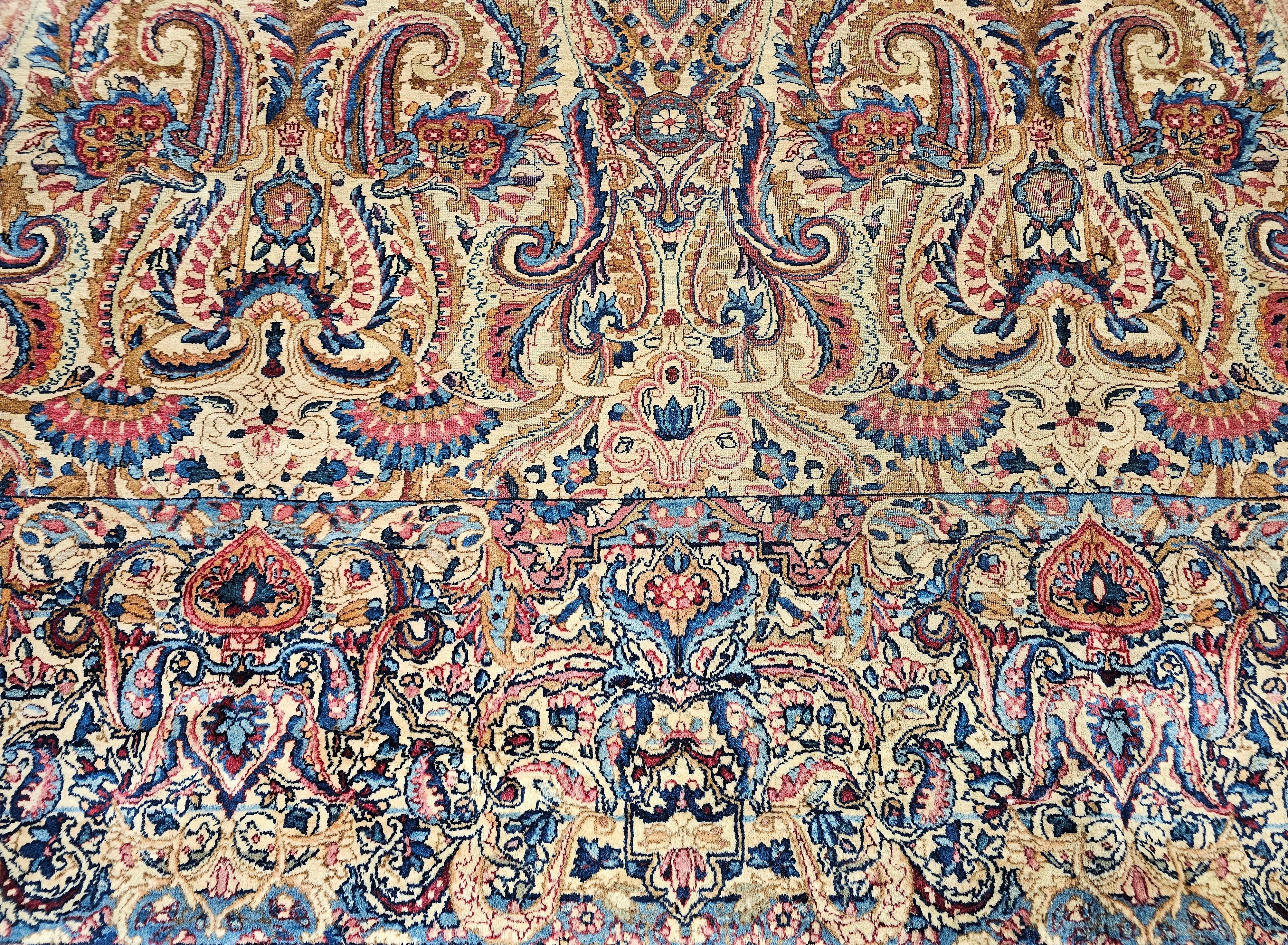 Vintage Persian Kerman Lavar in All-Over Paisley Pattern in Ivory, Blue, Red For Sale 2