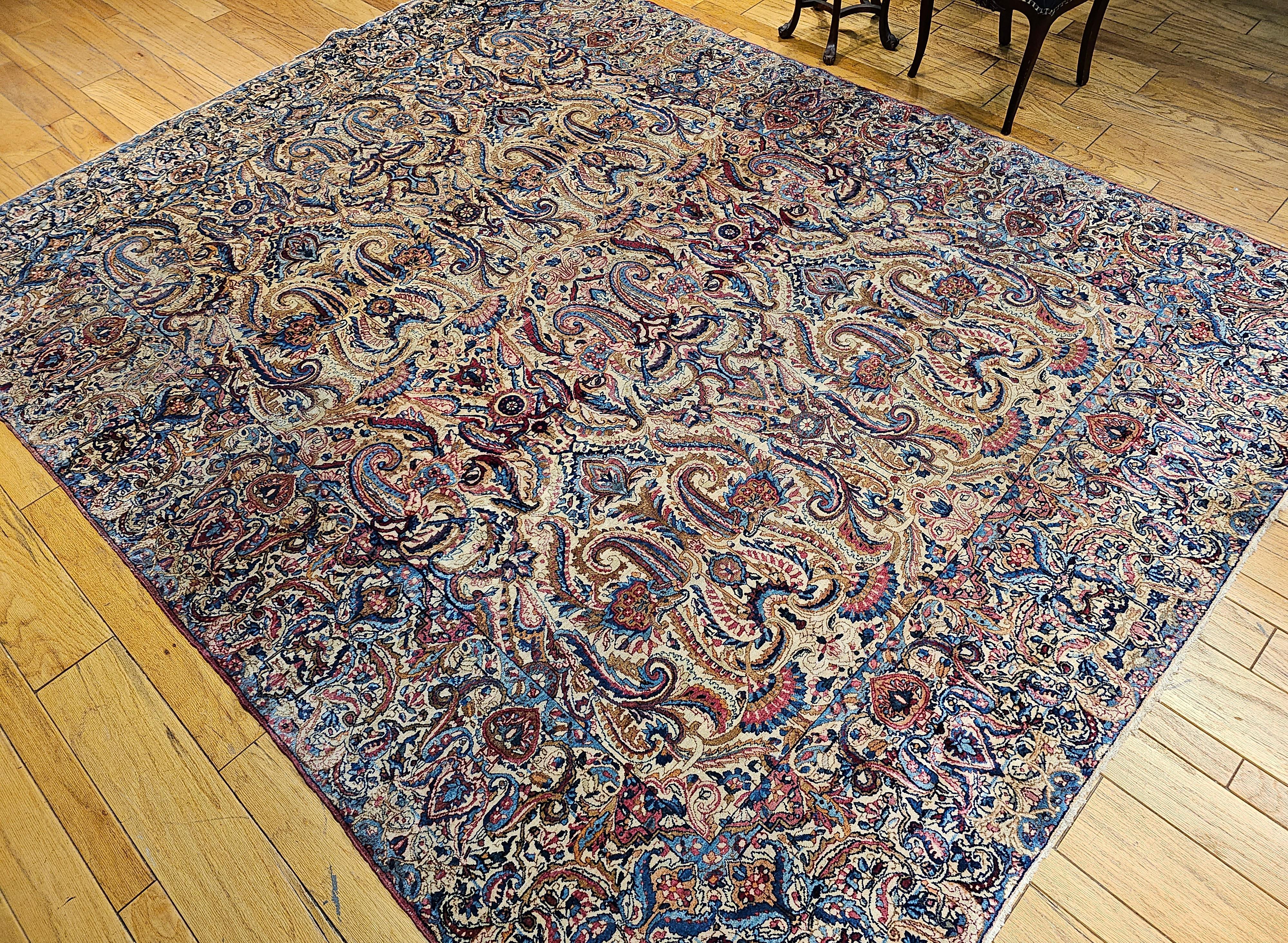 Vintage Persian Kerman Lavar in All-Over Paisley Pattern in Ivory, Blue, Red For Sale 3