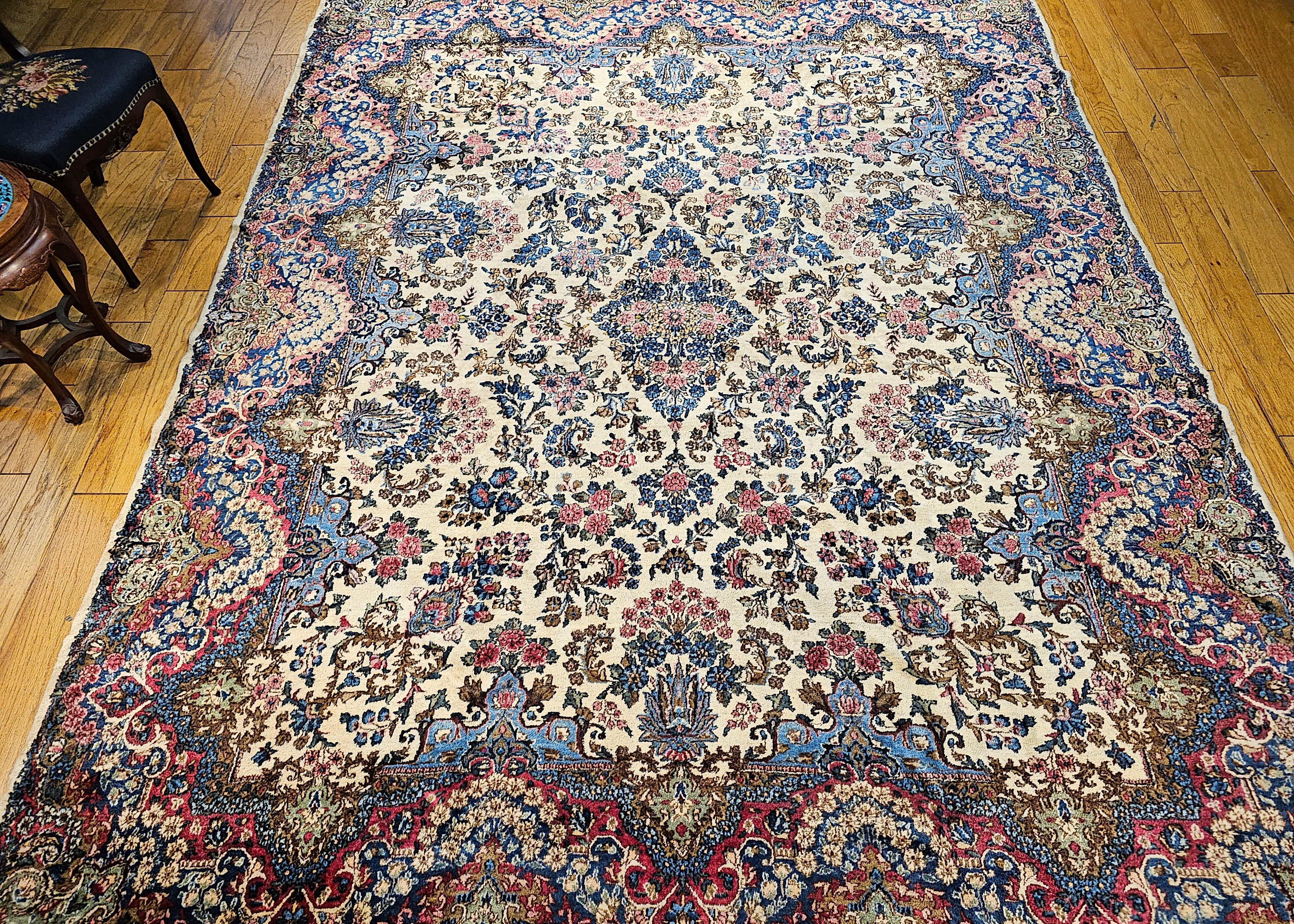 Vintage Persian Kerman Lavar in Allover Floral Pattern in Ivory, Red, Pink, Blue For Sale 8