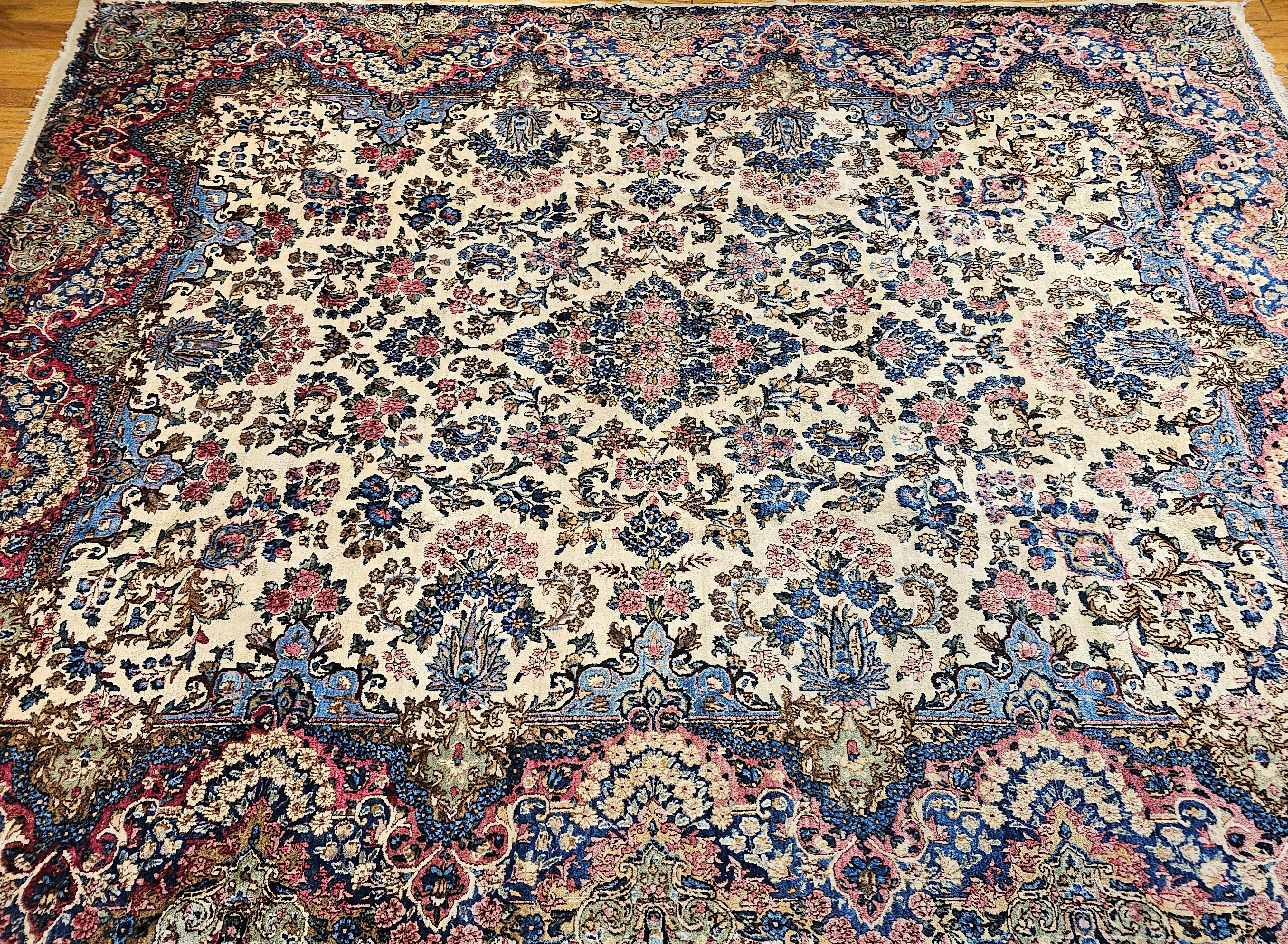 Vintage Persian Kerman Lavar in Allover Floral Pattern in Ivory, Red, Pink, Blue For Sale 10