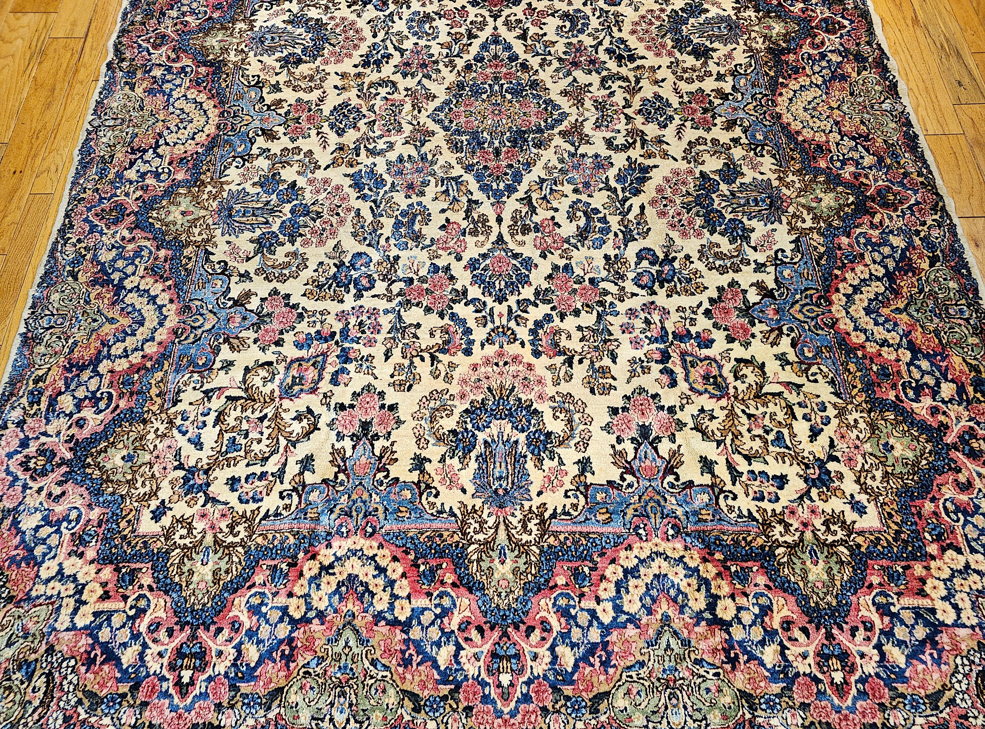 Hand-Knotted Vintage Persian Kerman Lavar in Allover Floral Pattern in Ivory, Red, Pink, Blue For Sale