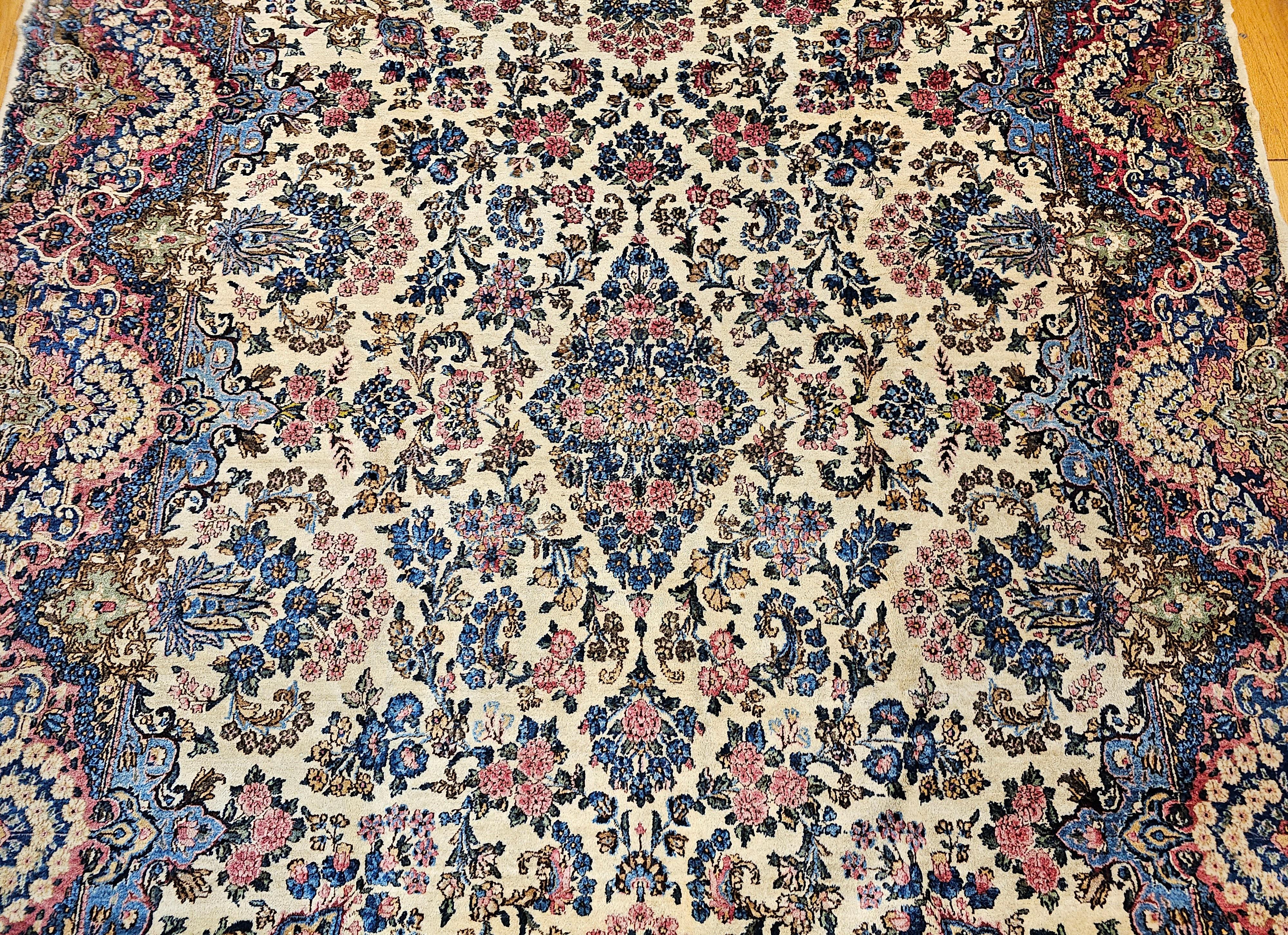 Vintage Persian Kerman Lavar in Allover Floral Pattern in Ivory, Red, Pink, Blue In Good Condition For Sale In Barrington, IL