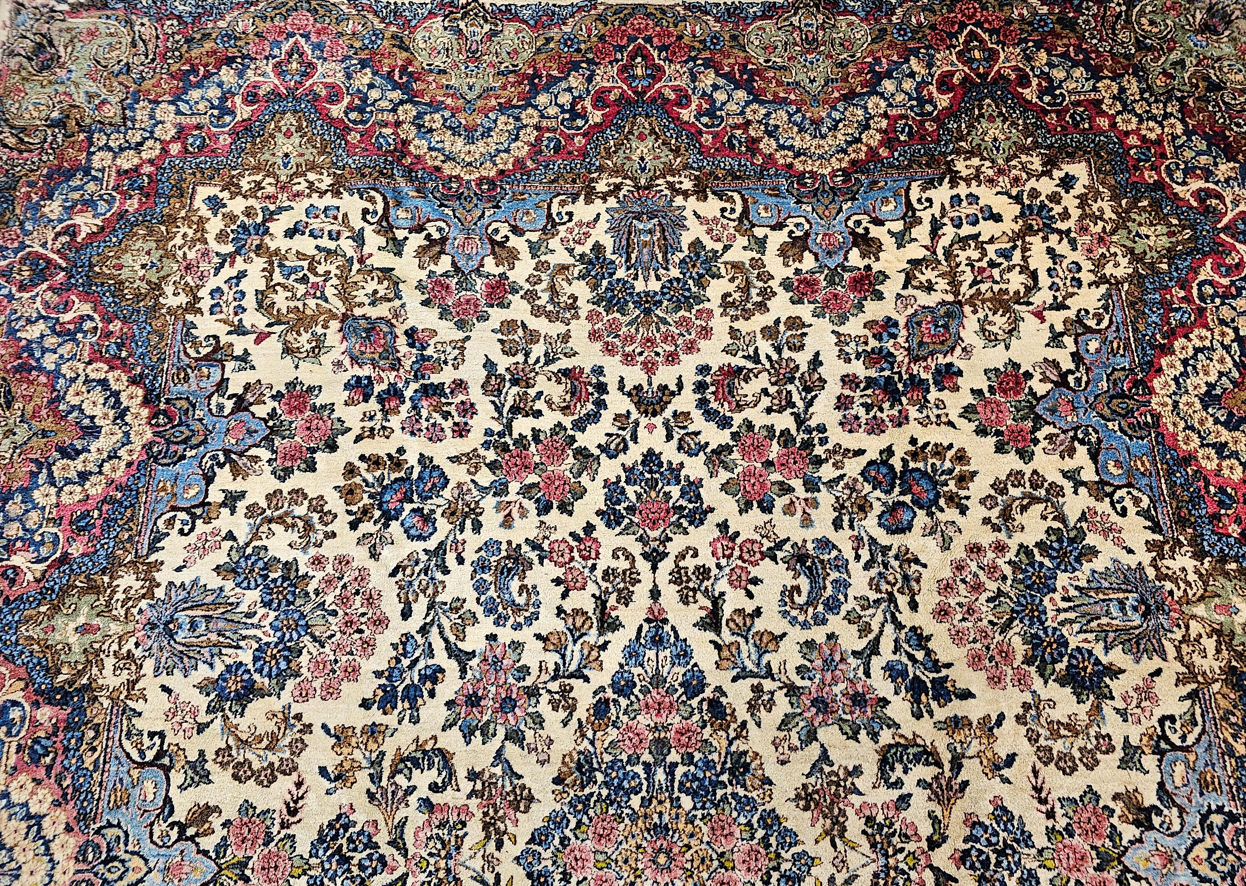 20th Century Vintage Persian Kerman Lavar in Allover Floral Pattern in Ivory, Red, Pink, Blue For Sale