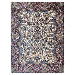 Used Persian Kerman Lavar in Allover Floral Pattern in Ivory, Red, Pink, Blue