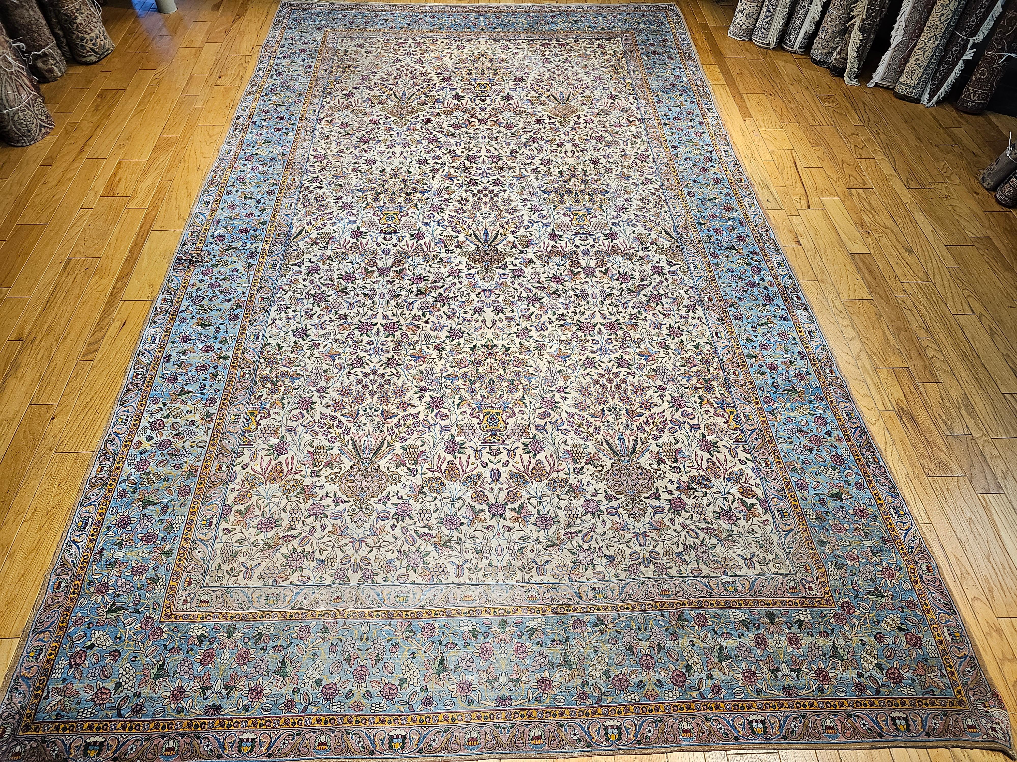 Vintage Persian Kerman Lavar in Allover Pattern in Ivory, Persian Blue. Yellow For Sale 14