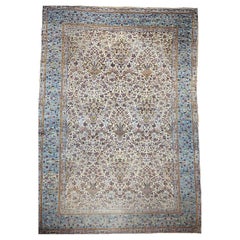 Used Persian Kerman Lavar in Allover Pattern in Ivory, Persian Blue. Yellow