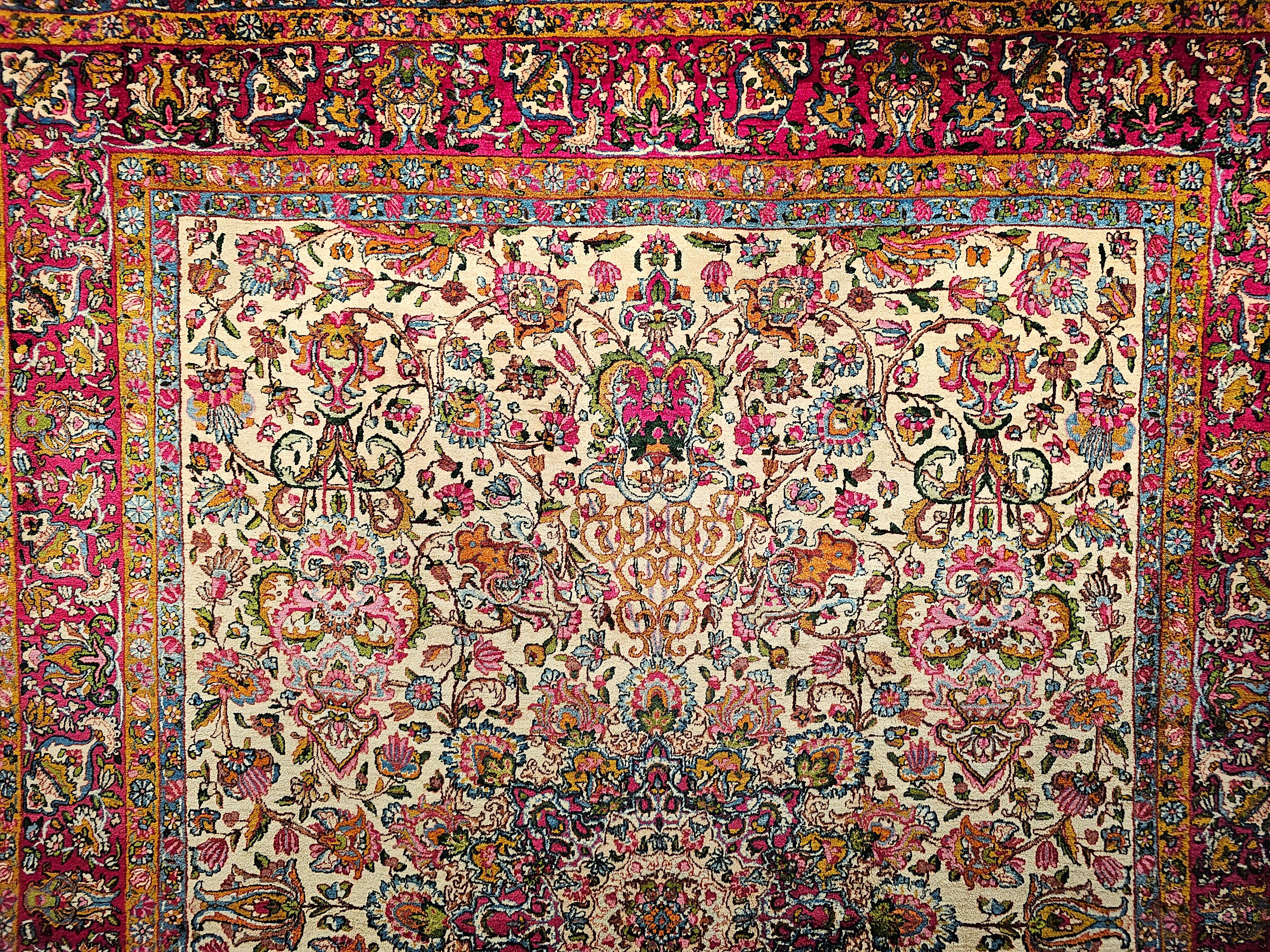Hand-Woven Vintage Persian Kerman Lavar in Floral Pattern in Ivory, Crimson, Blue, Green For Sale