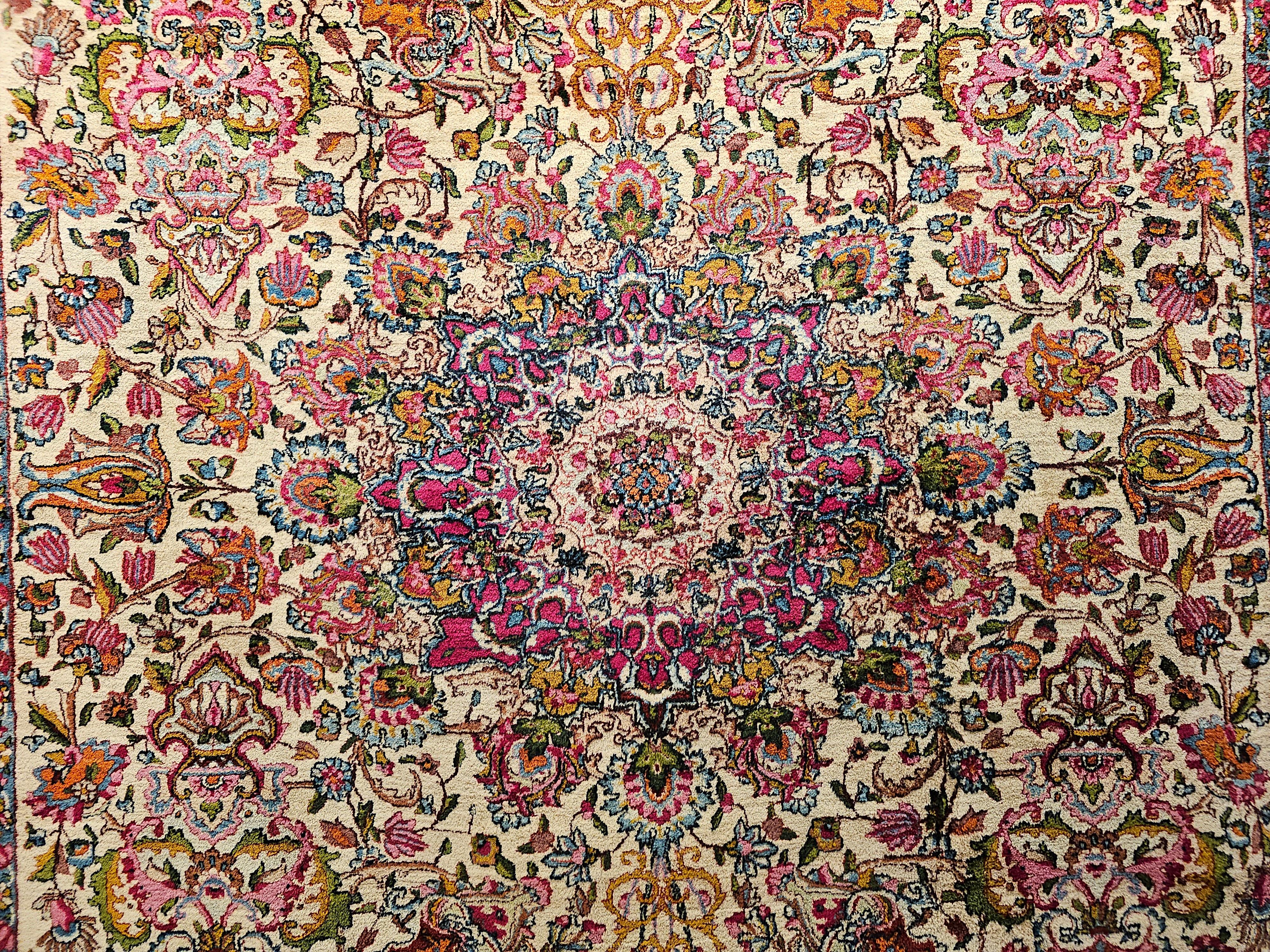 Vintage Persian Kerman Lavar in Floral Pattern in Ivory, Crimson, Blue, Green In Good Condition For Sale In Barrington, IL