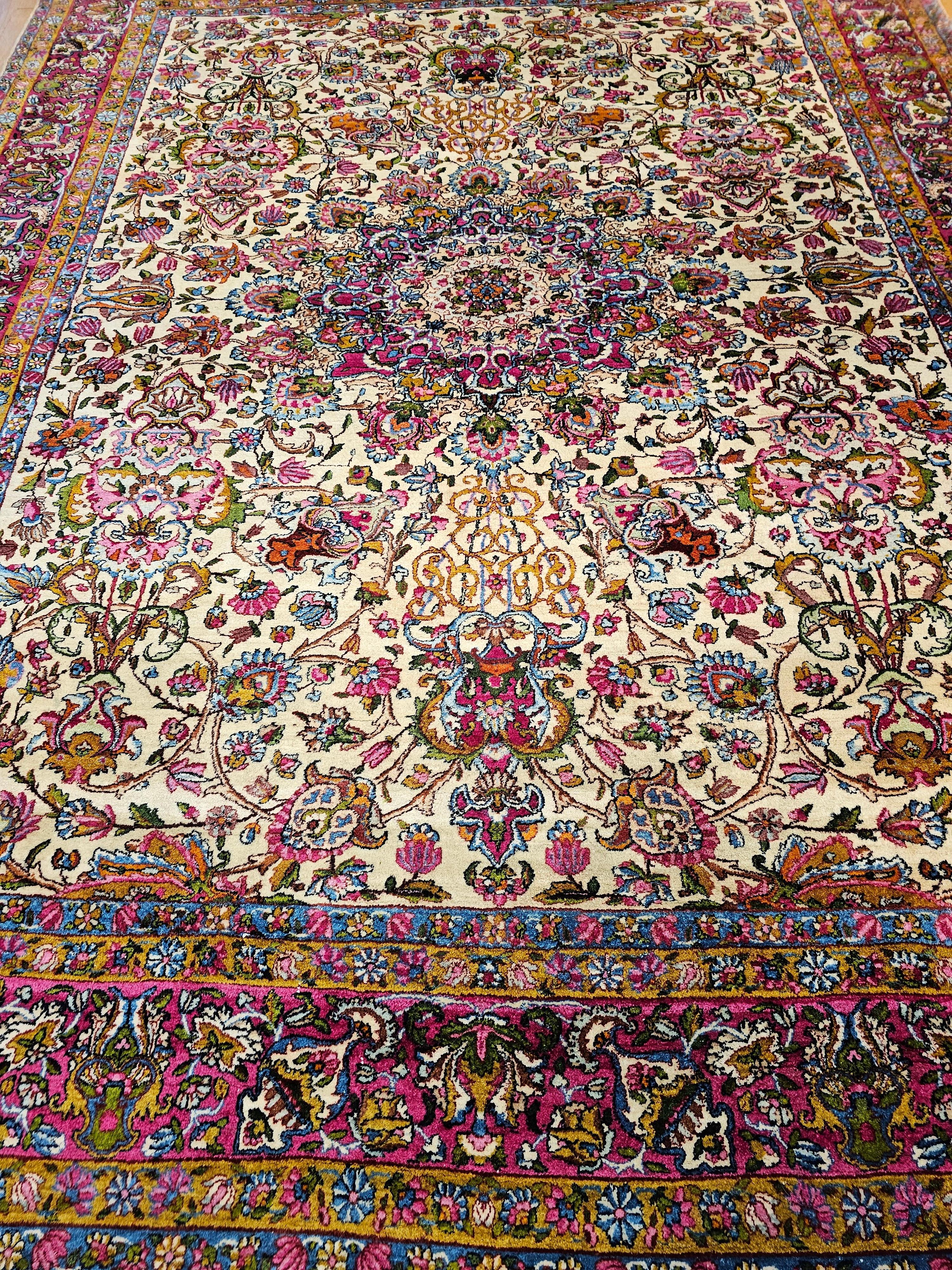 Vintage Persian Kerman Lavar in Floral Pattern in Ivory, Crimson, Blue, Green For Sale 3