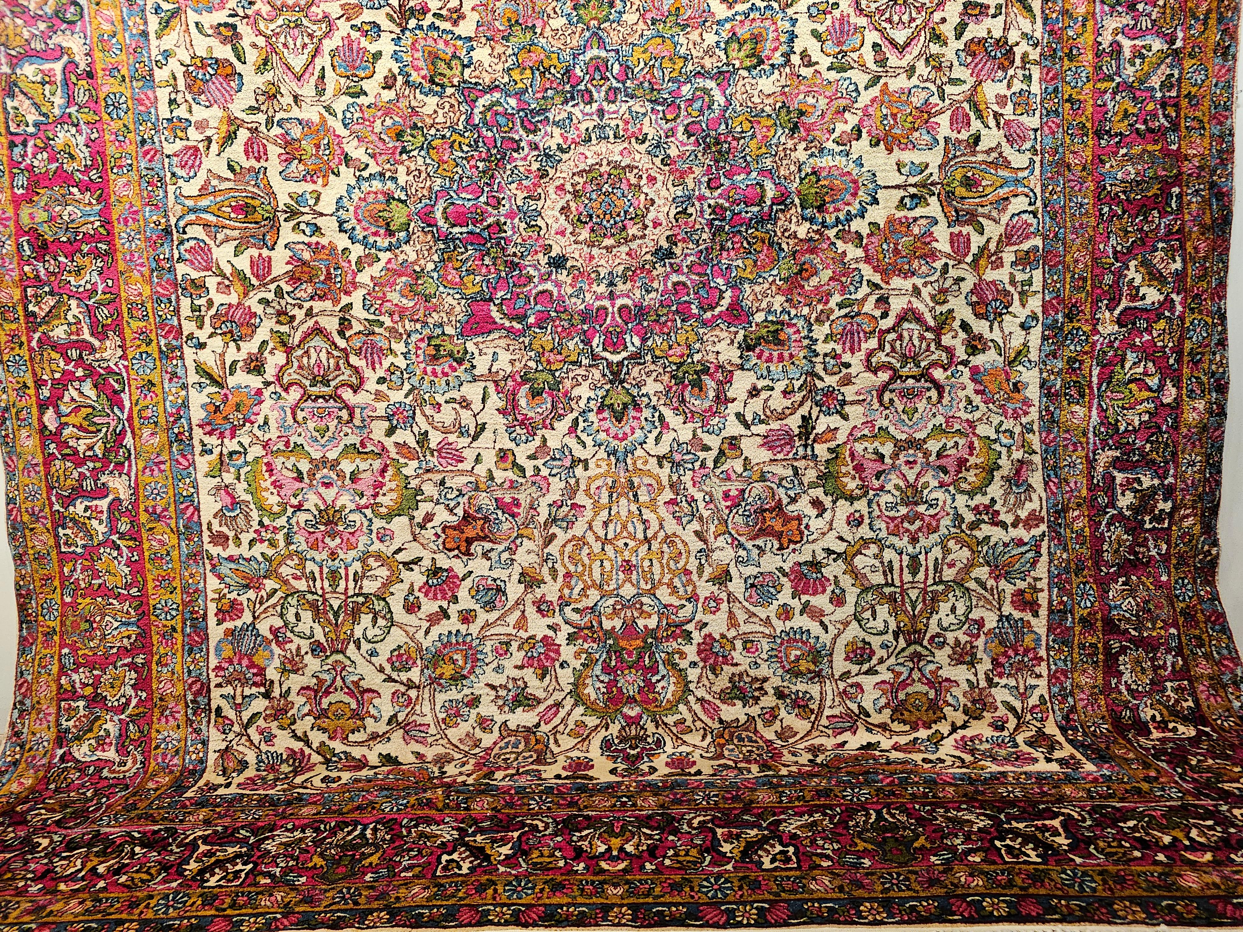 20th Century Vintage Persian Kerman Lavar in Floral Pattern in Ivory, Crimson, Blue, Green For Sale