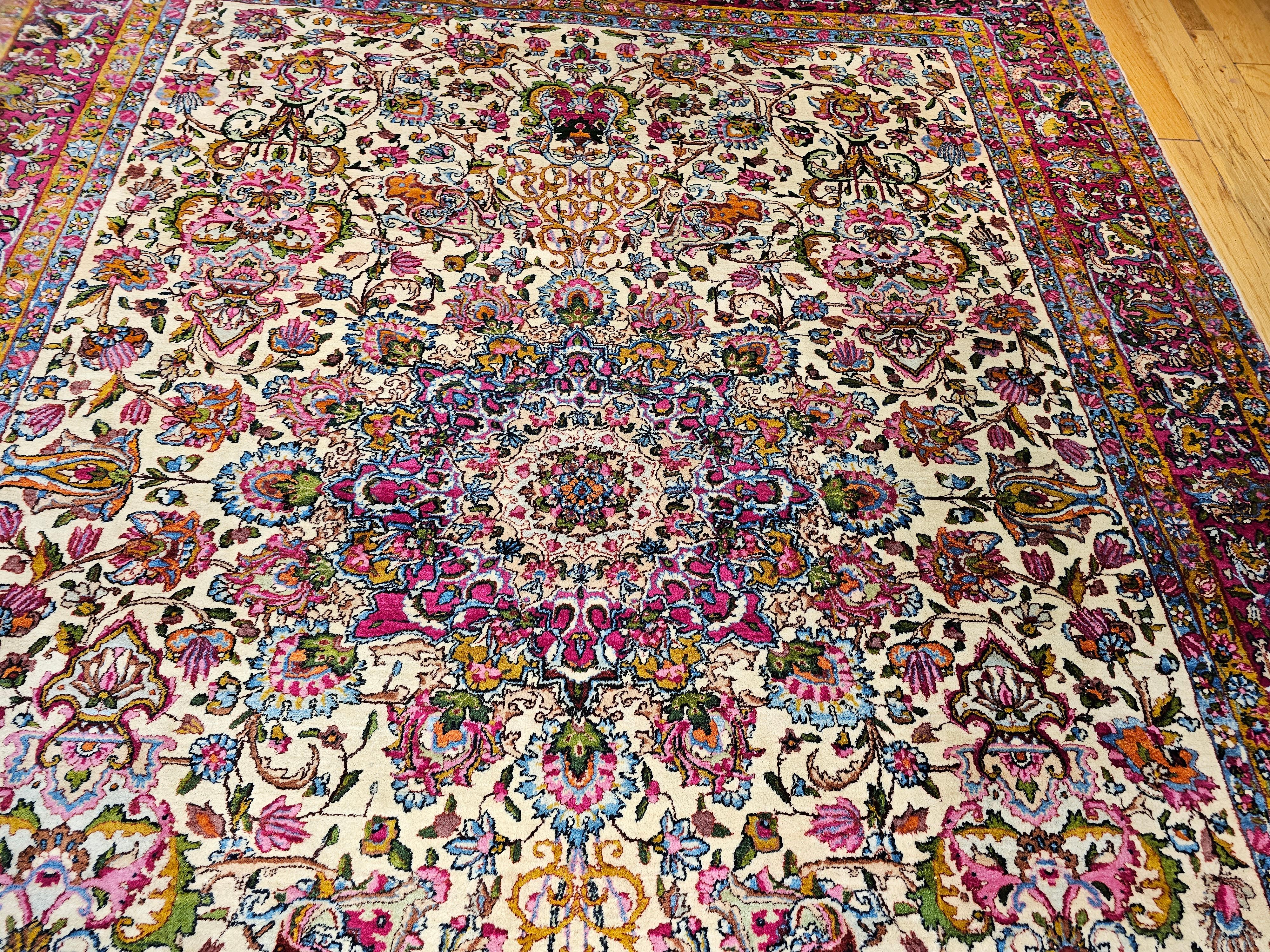 Vintage Persian Kerman Lavar in Floral Pattern in Ivory, Crimson, Blue, Green For Sale 5