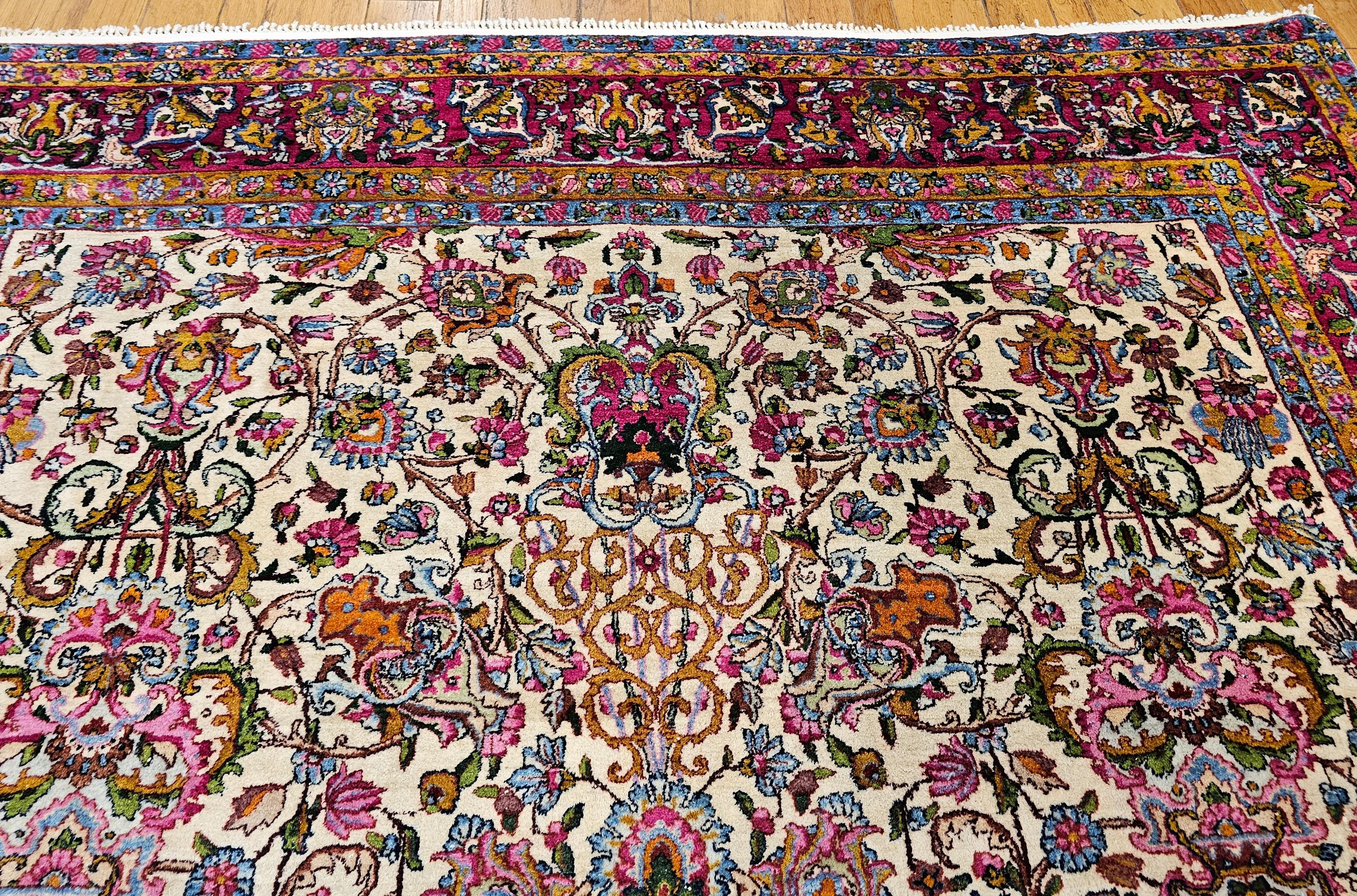 Vintage Persian Kerman Lavar in Floral Pattern in Ivory, Crimson, Blue, Green For Sale 6