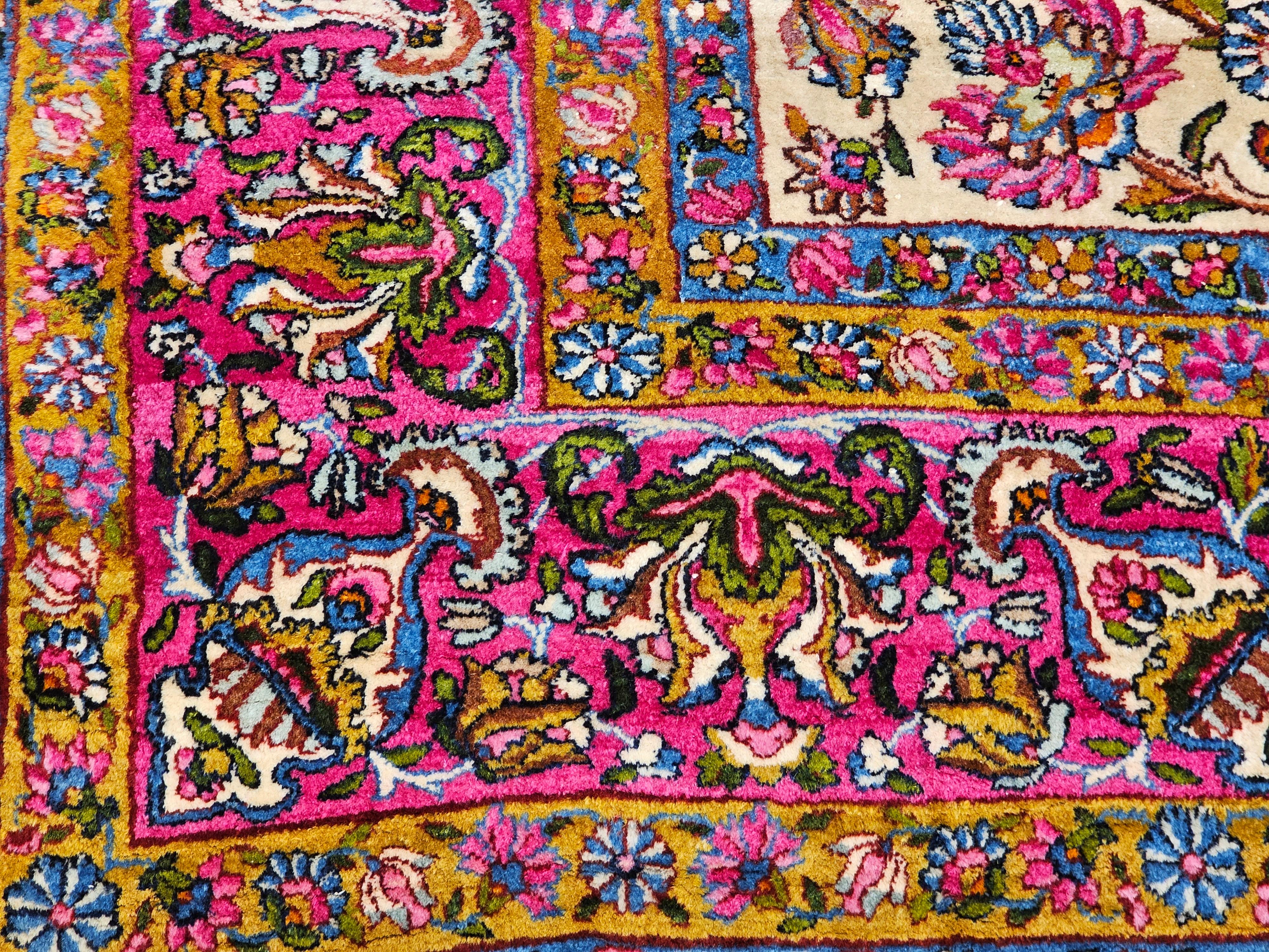 Vintage Persian Kerman Lavar in Floral Pattern in Ivory, Crimson, Blue, Green For Sale 7