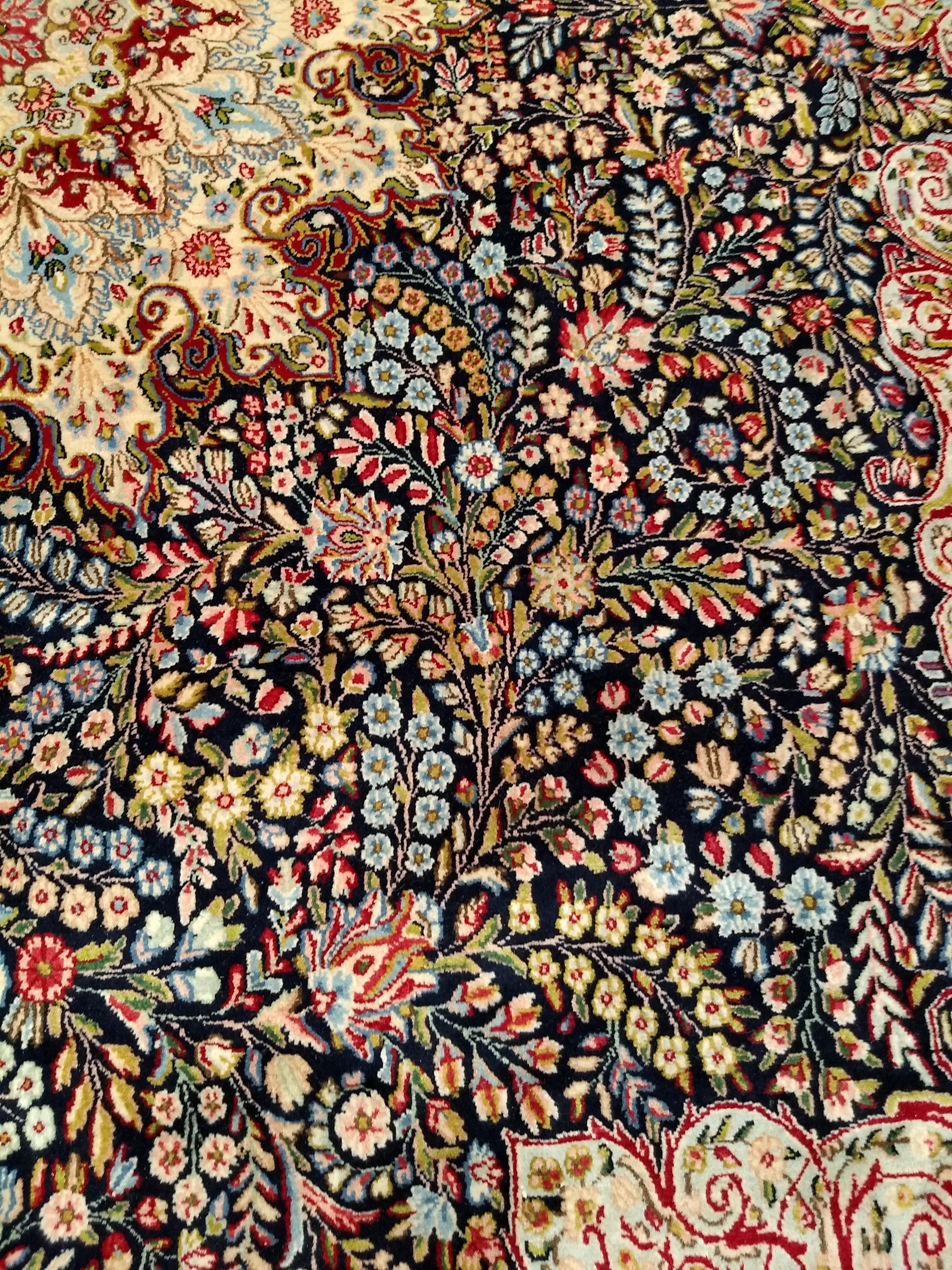 Vintage Persian Kerman Lavar in Millefleur Floral Pattern in Blue, Ivory, Red For Sale 5