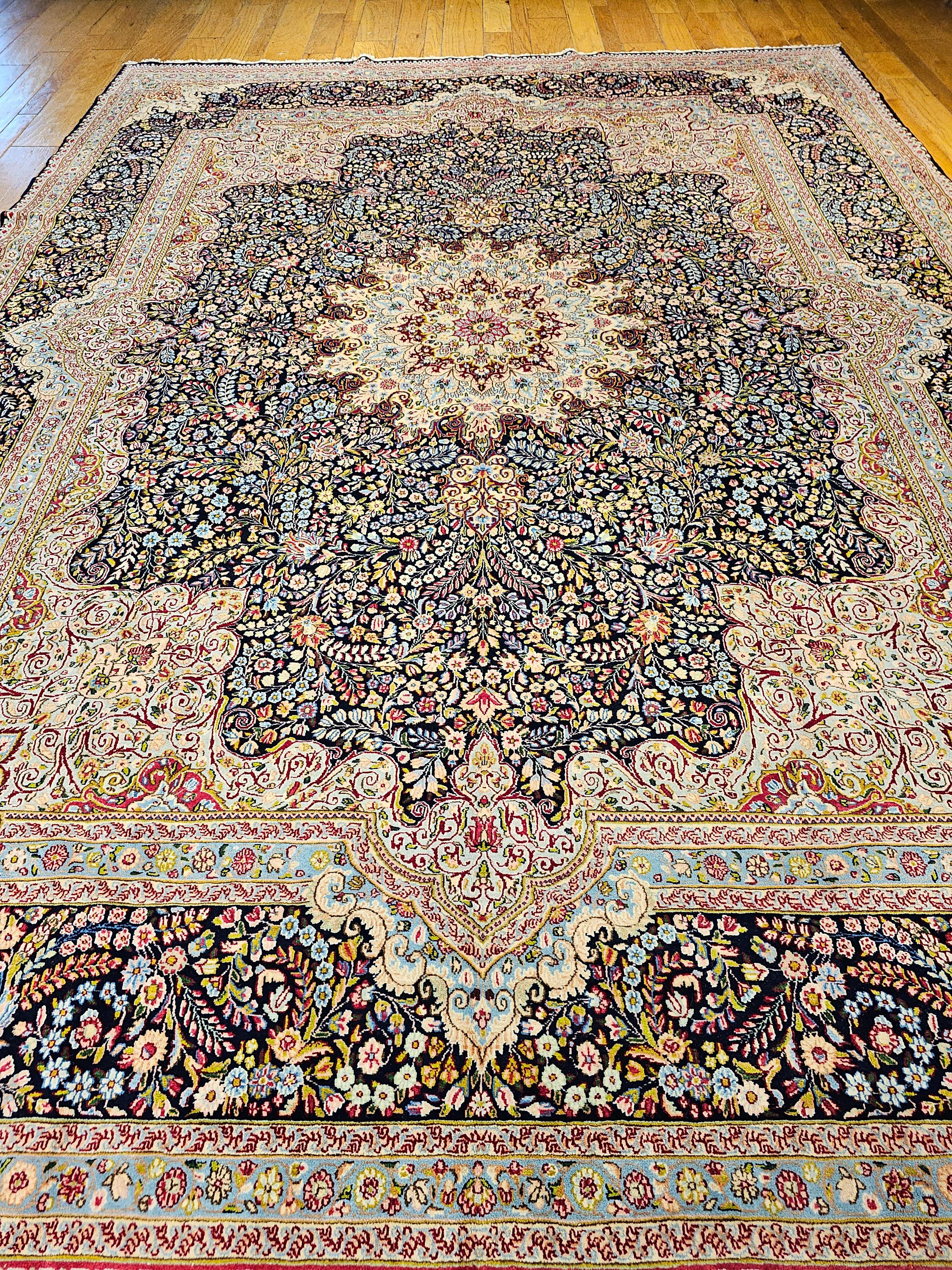 Vintage Persian Kerman Lavar in Millefleur Floral Pattern in Blue, Ivory, Red For Sale 12