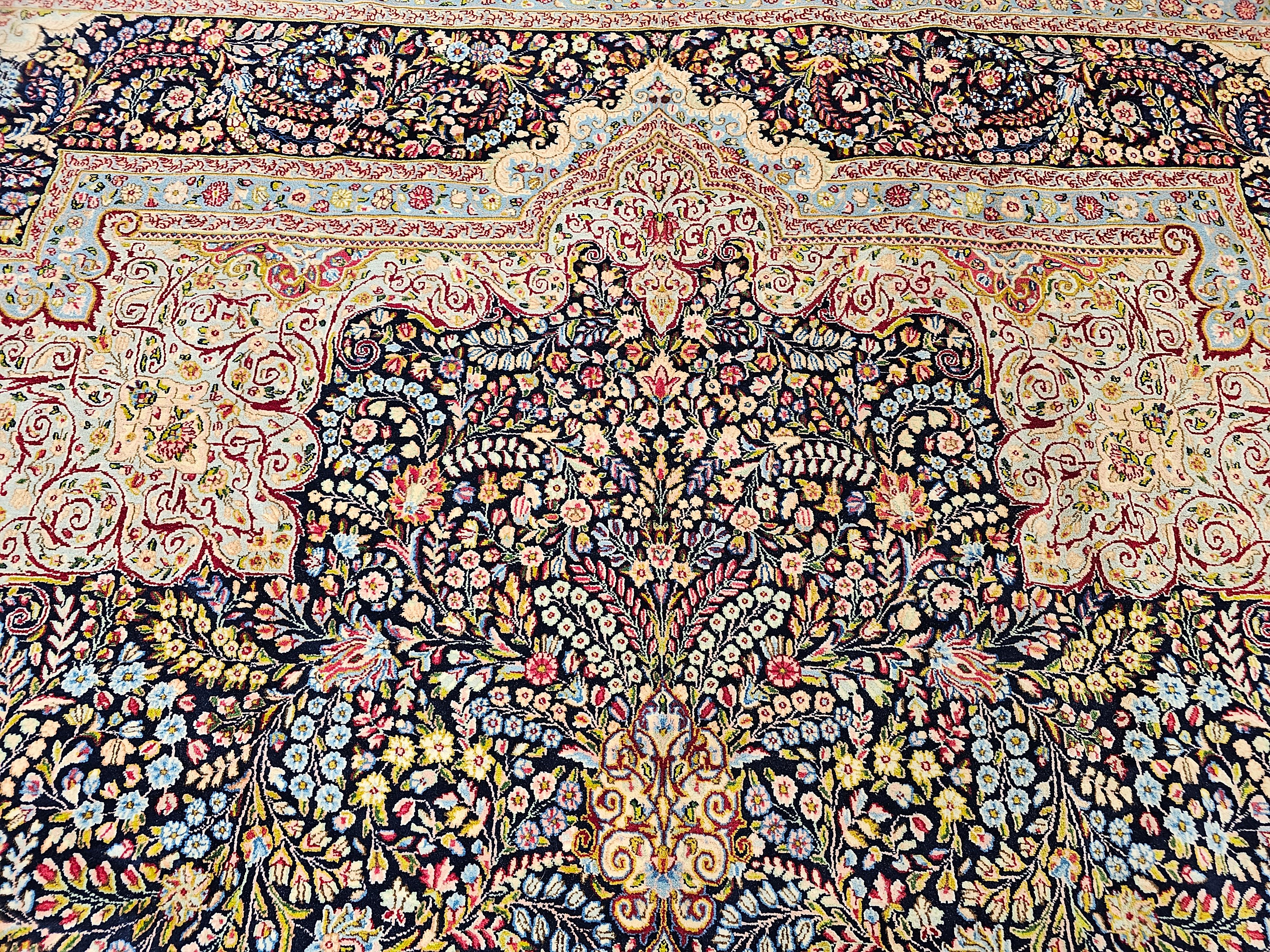 Wool Vintage Persian Kerman Lavar in Millefleur Floral Pattern in Blue, Ivory, Red For Sale