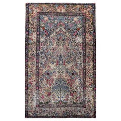 Vintage Kerman Lavar persiano "Albero della vita" in blu, turchese, blu, salvia e rosso