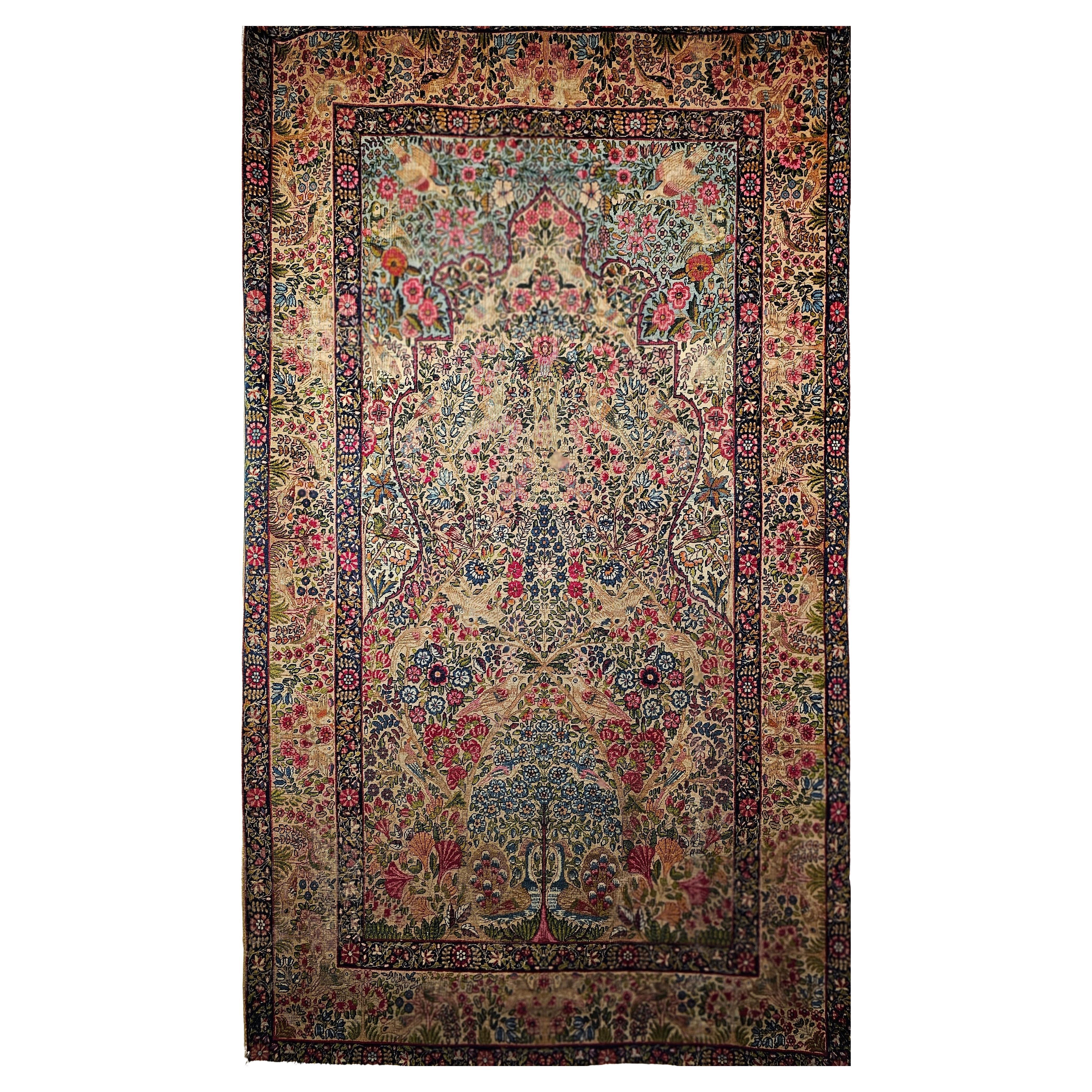 Vintage Persian Kerman Lavar Baum des Lebens in Marine, Türkis, Blau, Sage, Rot